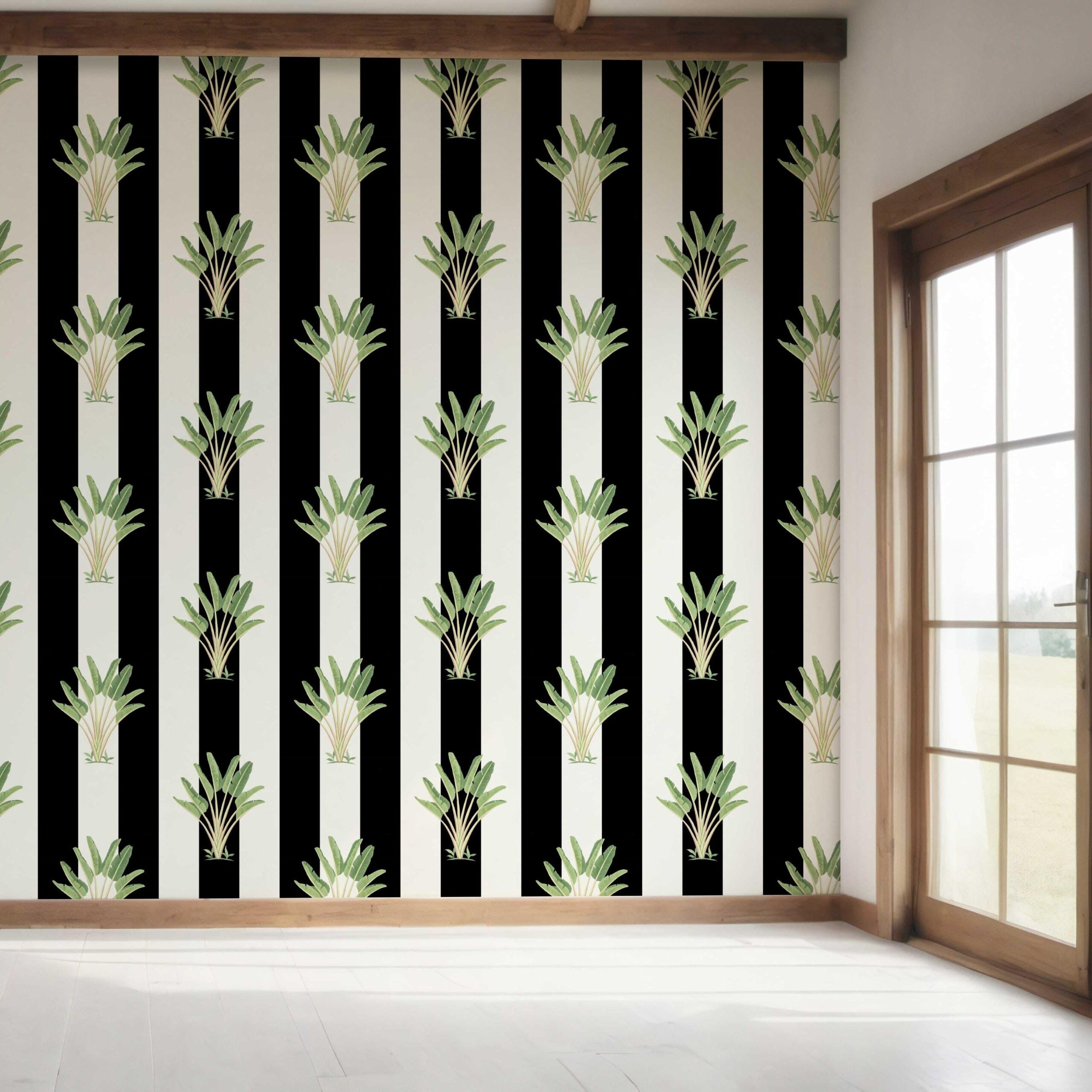 Geometric Floral Striped Bedroom Wallpaper (Black/ White/ Green)
