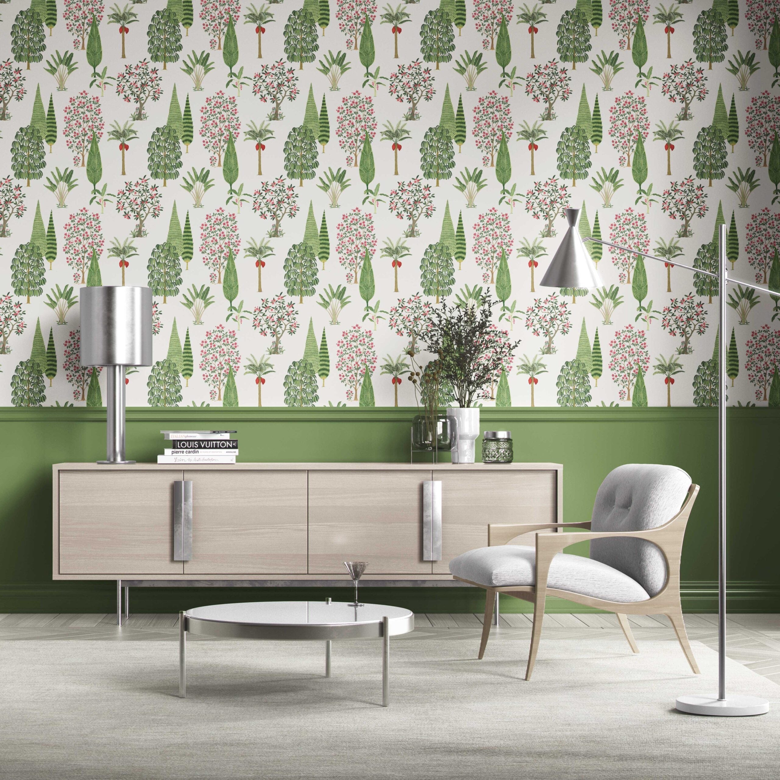 Bohemian Botanical Floral Block Print Traditional Wallpaper Sample (Green/ Pink/ Red/ White)