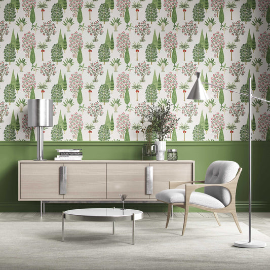 Bohemian Botanical Floral Block Print Traditional Wallpaper (Green/ Pink/ Red/ White)