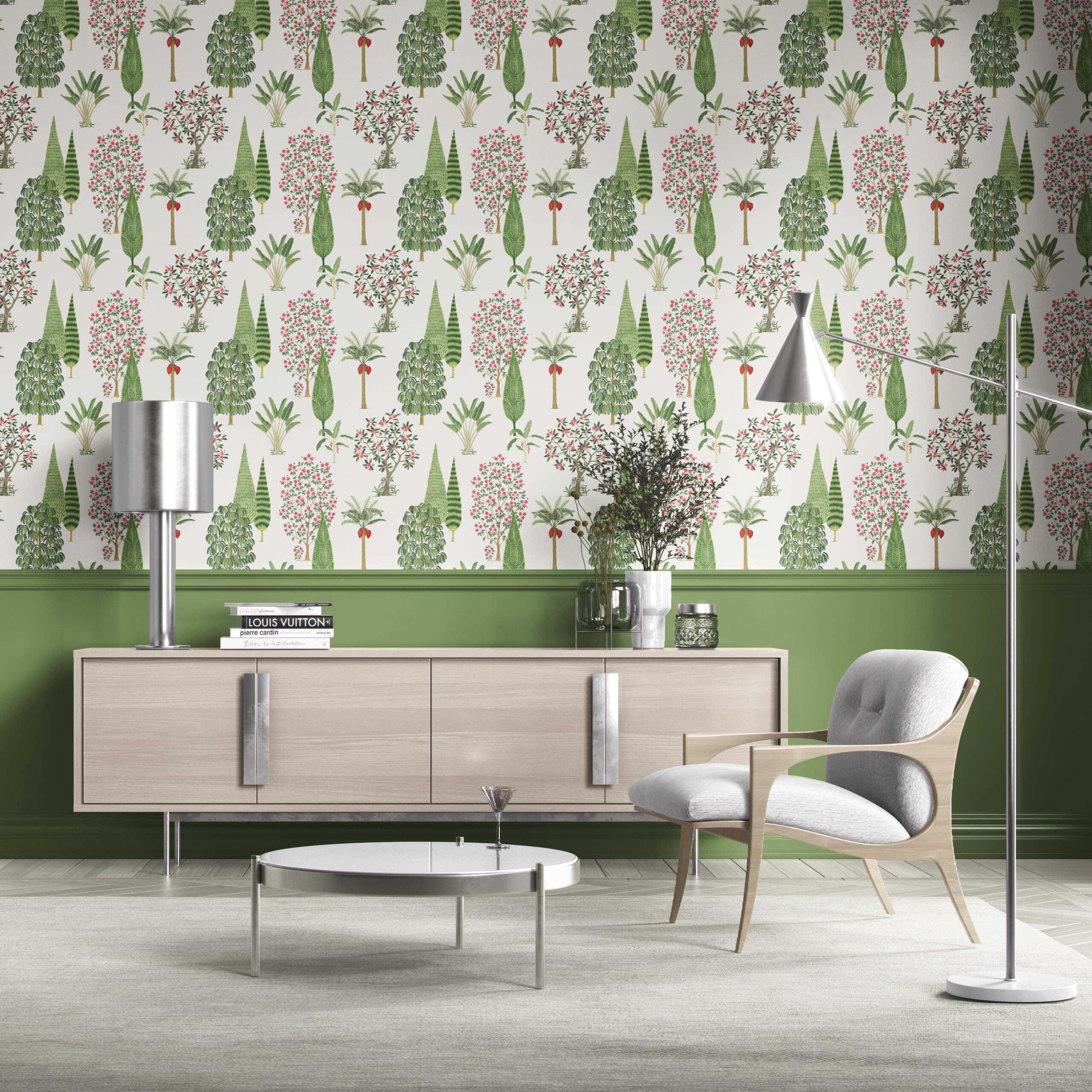 Bohemian Botanical Floral Block Print Traditional Wallpaper (Green/ Pink/ Red/ White)
