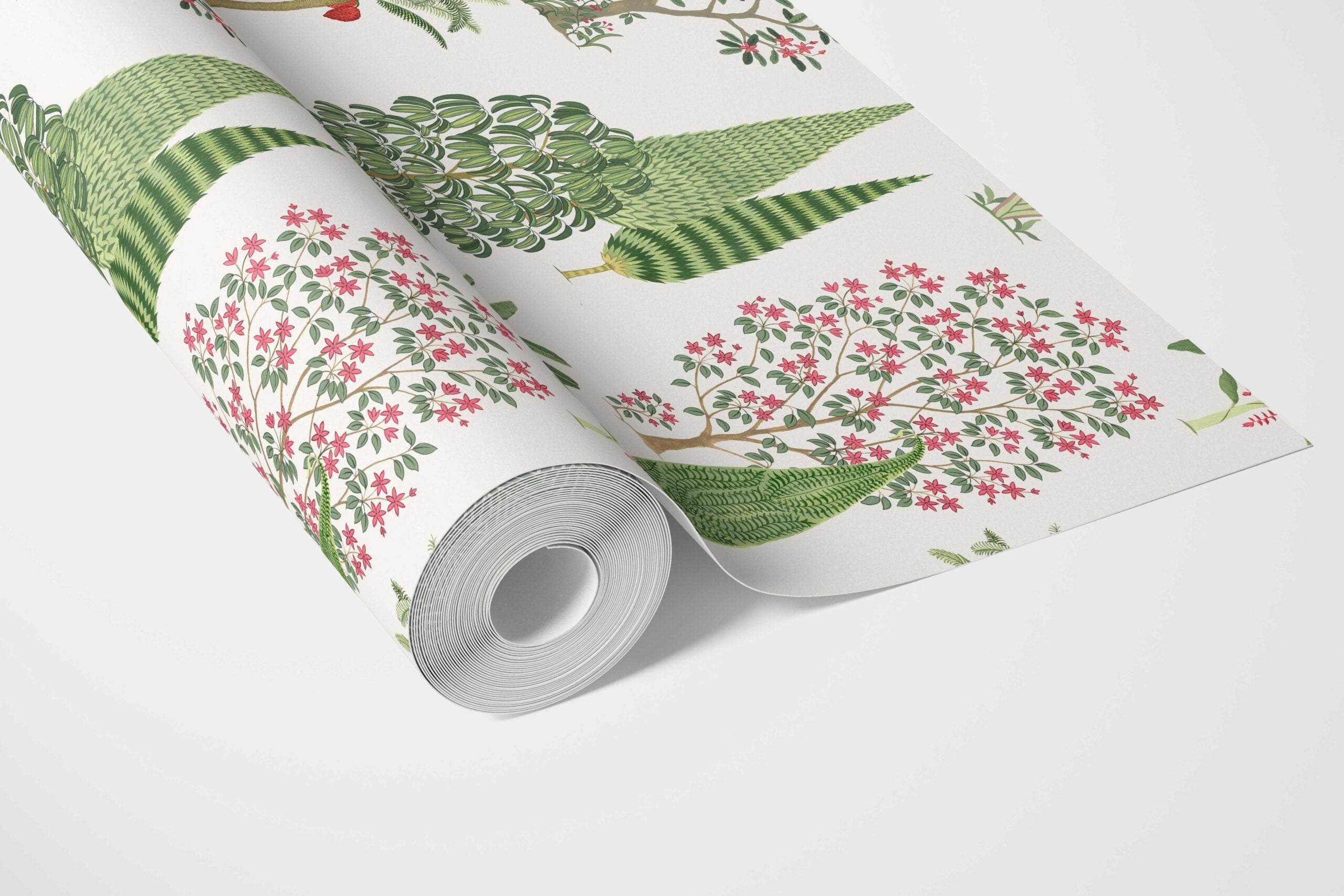 Bohemian Botanical Floral Block Print Bathroom Wallpaper Sample (Green/ Pink/ Red/ White)