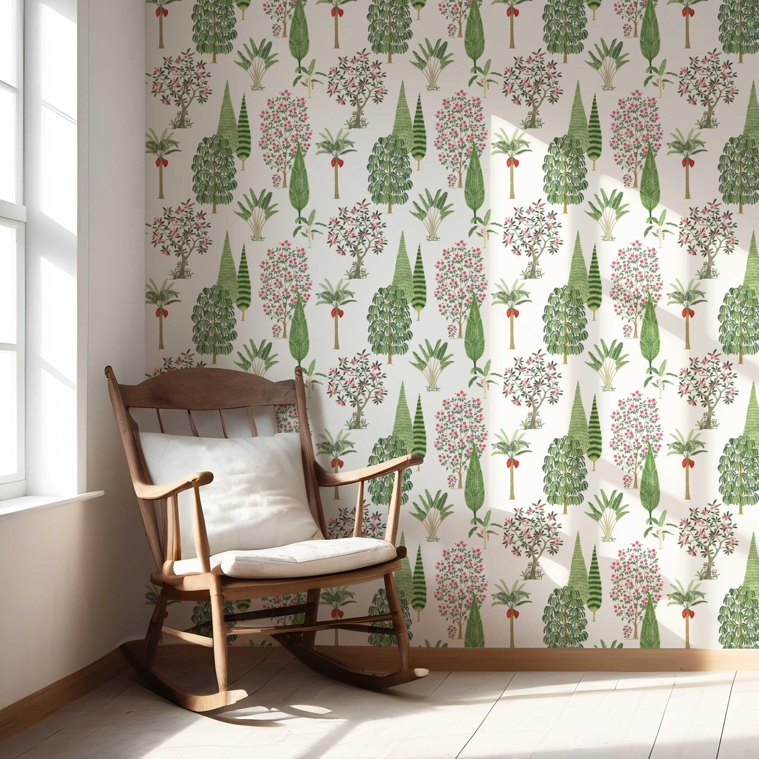 Bohemian Botanical Floral Block Print Nursery Wallpaper Sample (Green/ Pink/ Red/ White)