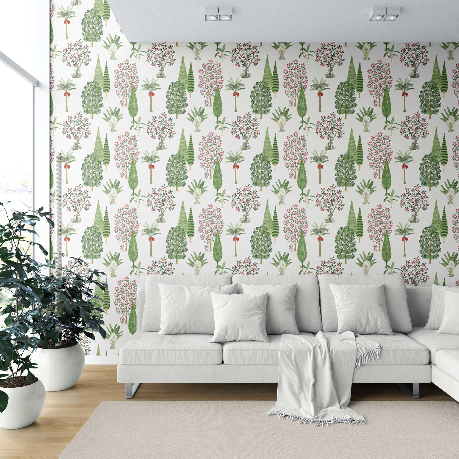 Bohemian Botanical Floral Block Print Shower Toilet Wallpaper Sample (Green/ Pink/ Red/ White)