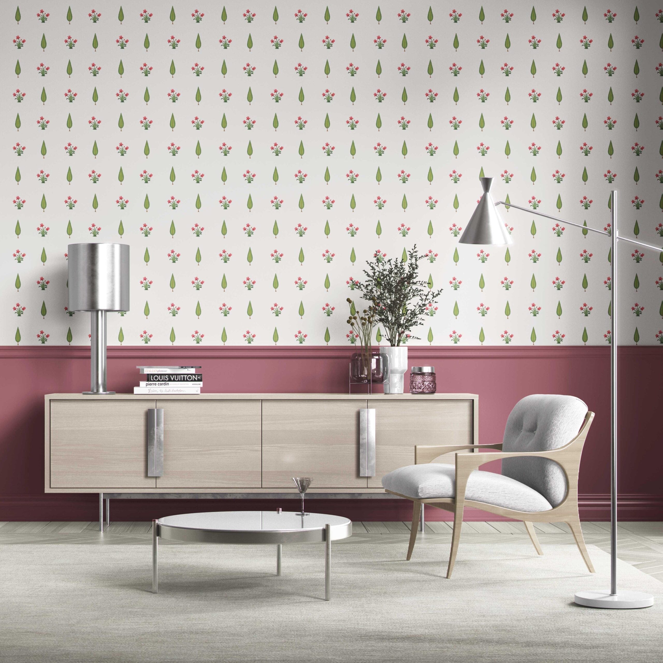Botanical Floral Block Print Kitchen Wallpaper (Pink/ Green)