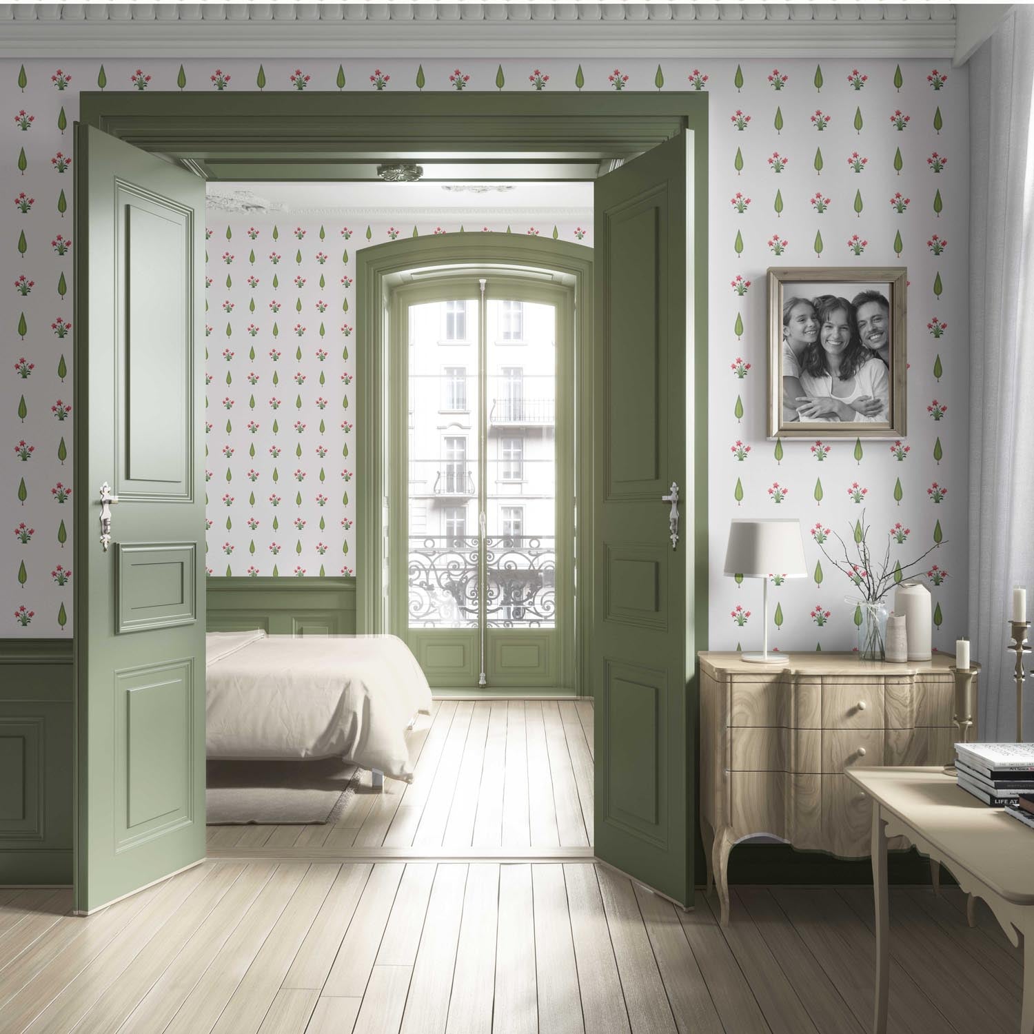 Botanical Floral Block Print Living Room Wallpaper Sample (Pink/ Green)