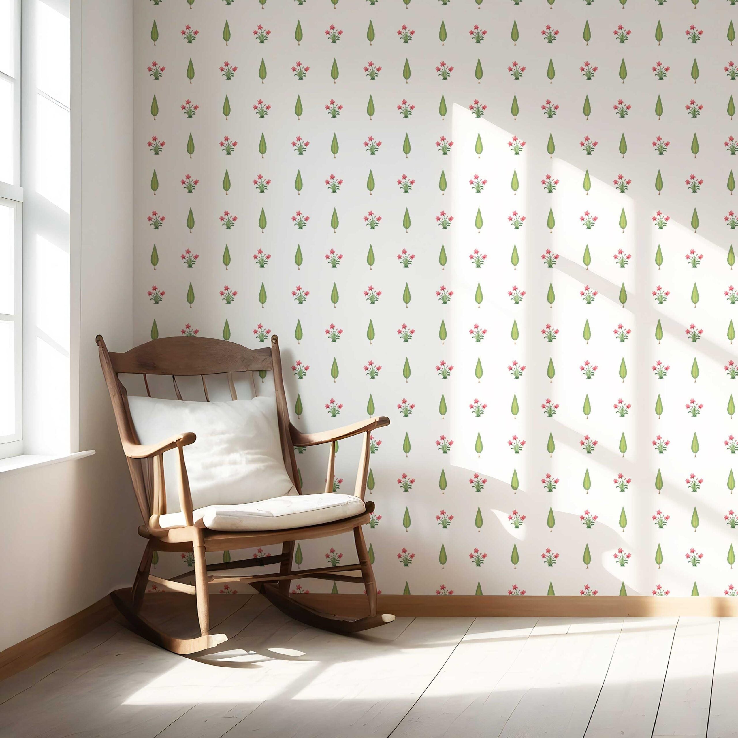 Botanical Floral Block Print Nursery Wallpaper Sample (Pink/ Green)