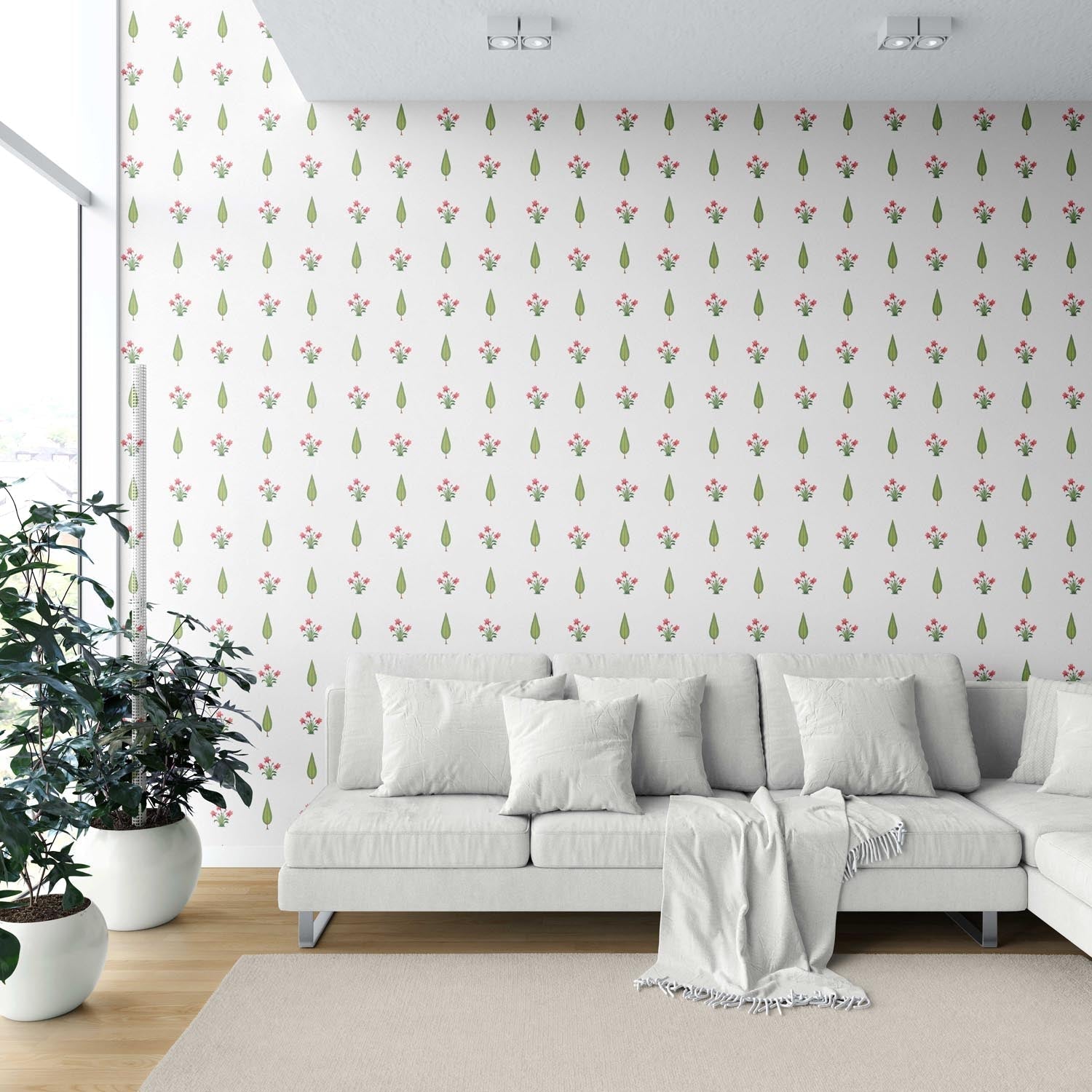 Botanical Floral Block Print Shower Toilet Wallpaper Sample (Pink/ Green)
