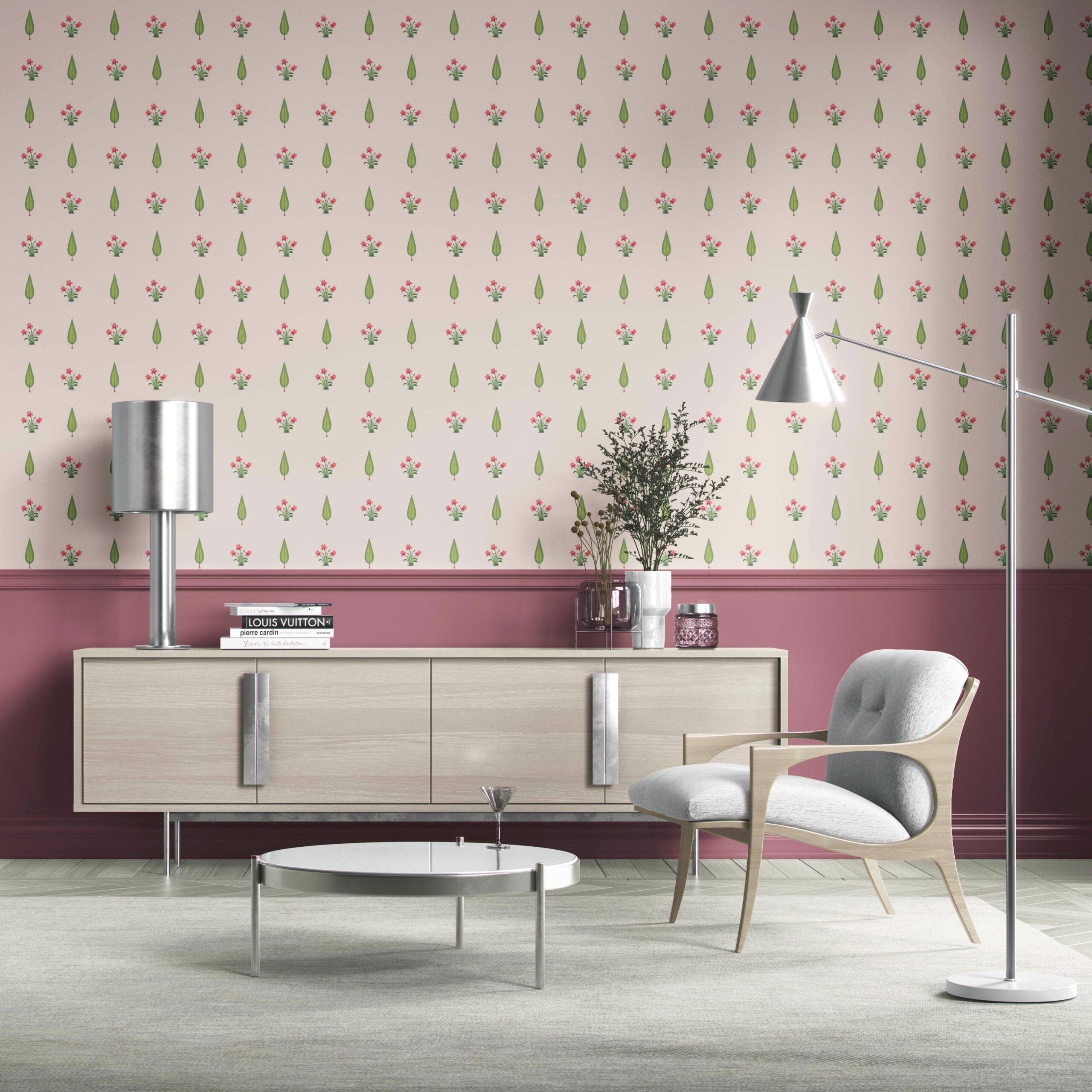 Botanical Floral Block Print Kitchen Wallpaper Sample (Soft Pink/ Green)