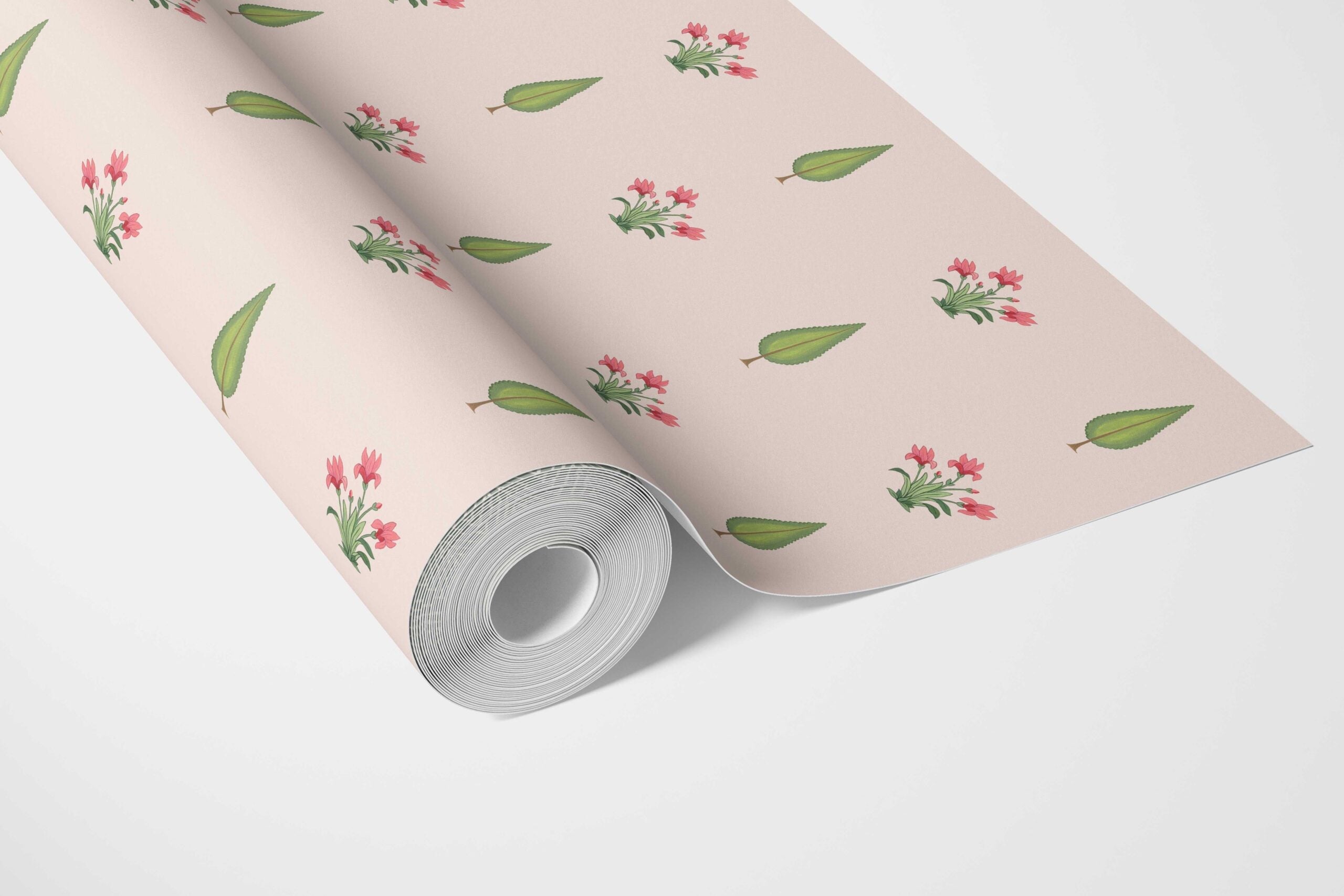 Botanical Floral Block Print Bathroom Wallpaper Sample (Soft Pink/ Green)