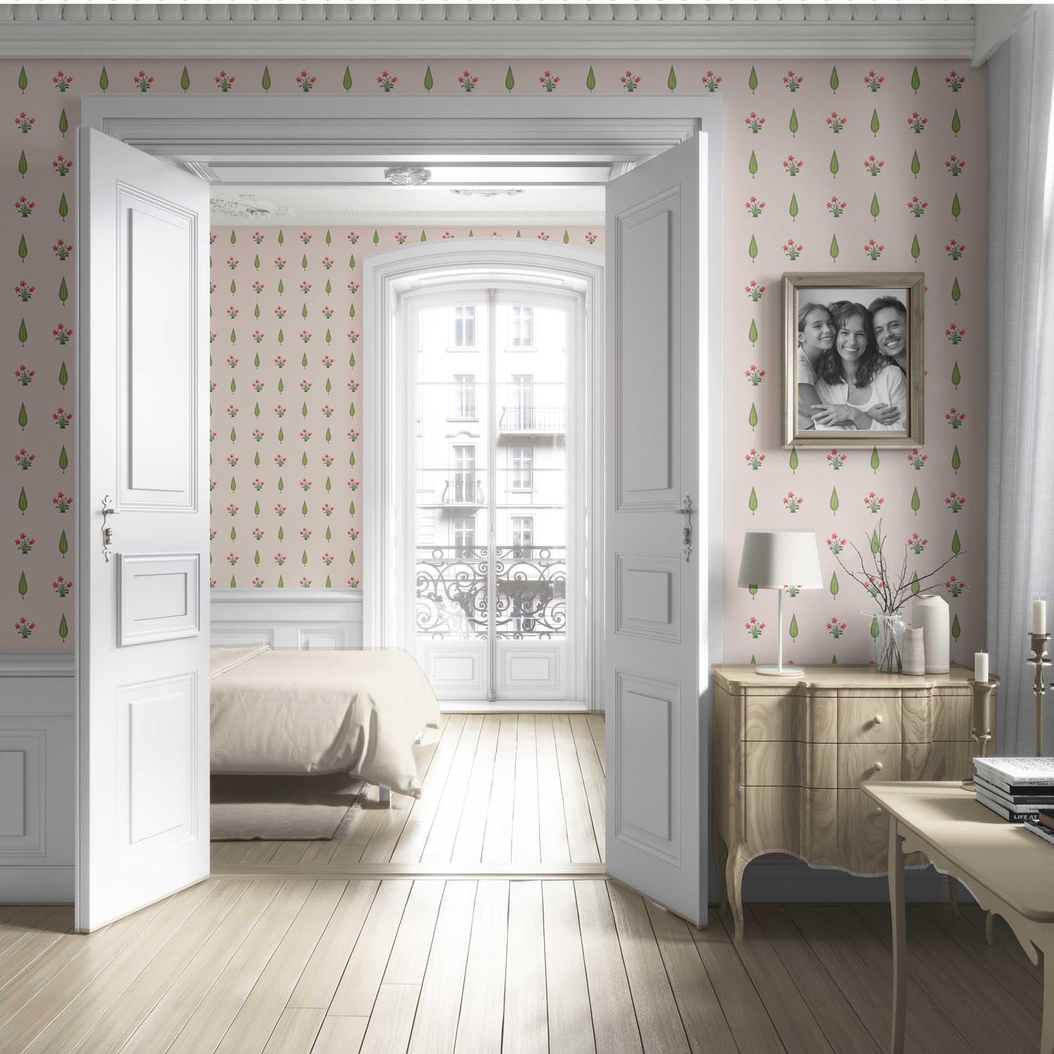 Botanical Floral Block Print Living Room Wallpaper Sample (Soft Pink/ Green)