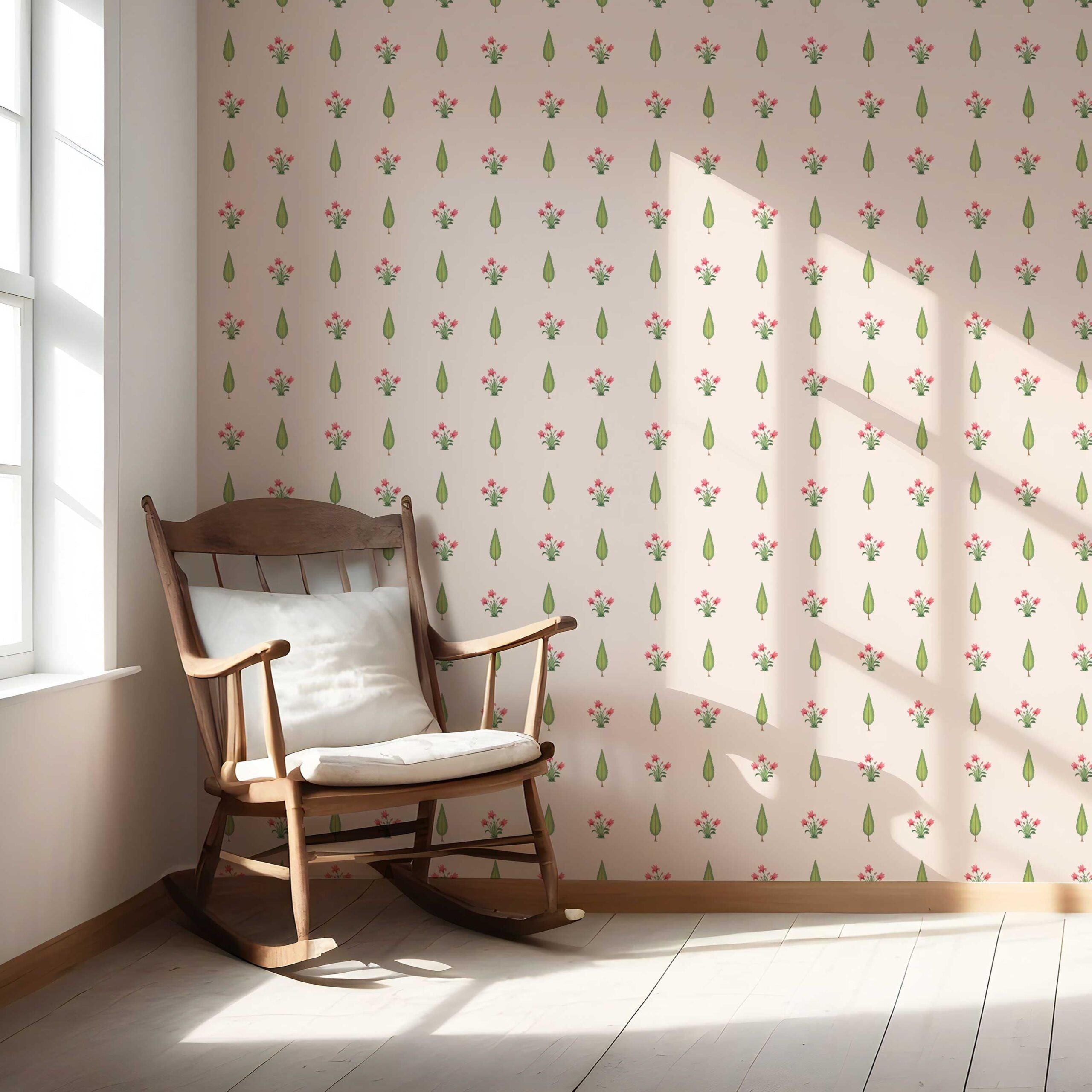 Botanical Floral Block Print Nursery Wallpaper (Soft Pink/ Green)