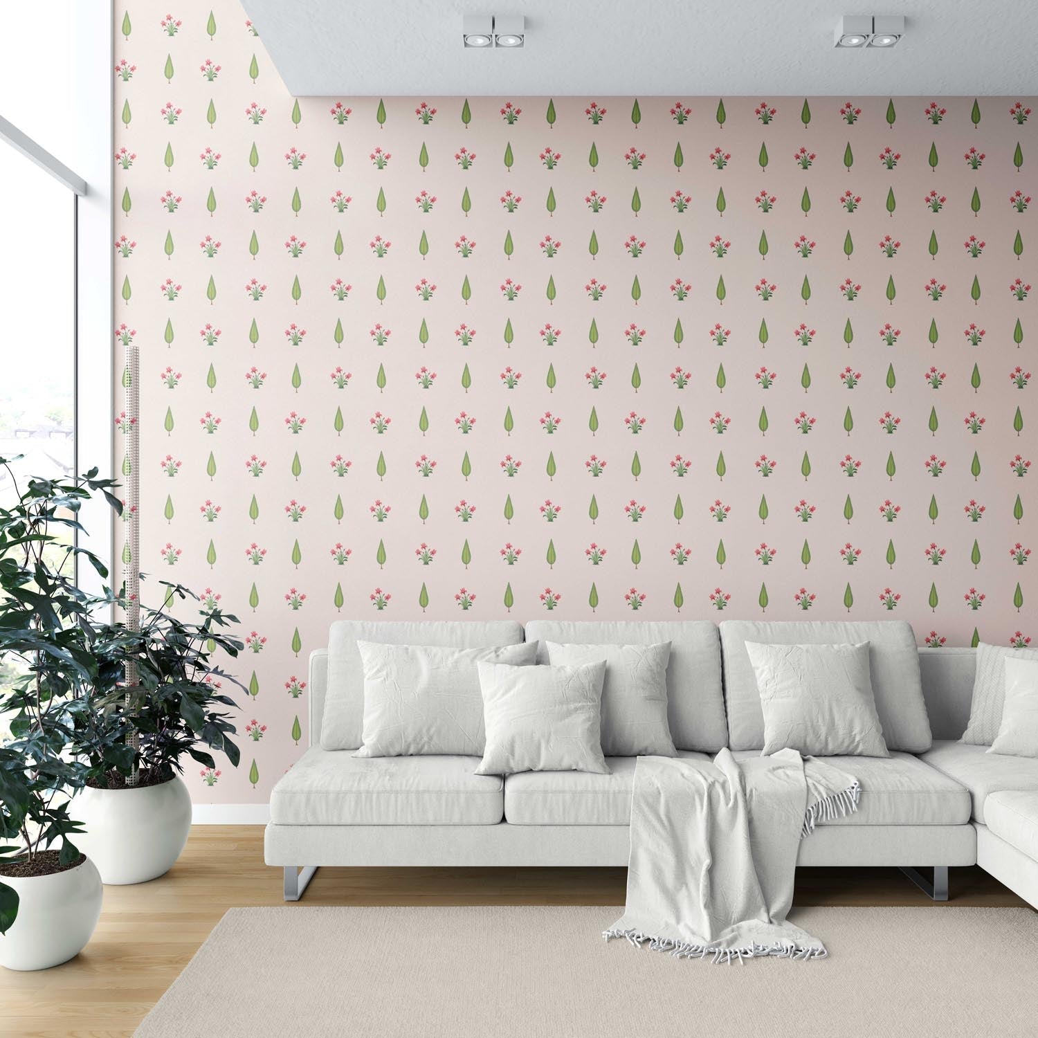 Botanical Floral Block Print Shower Toilet Wallpaper Sample (Soft Pink/ Green)