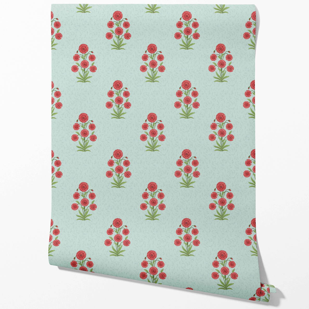 Botanical Floral Block Print Kitchen Wallpaper Sample (Blue/ Red-Pink/ Green)
