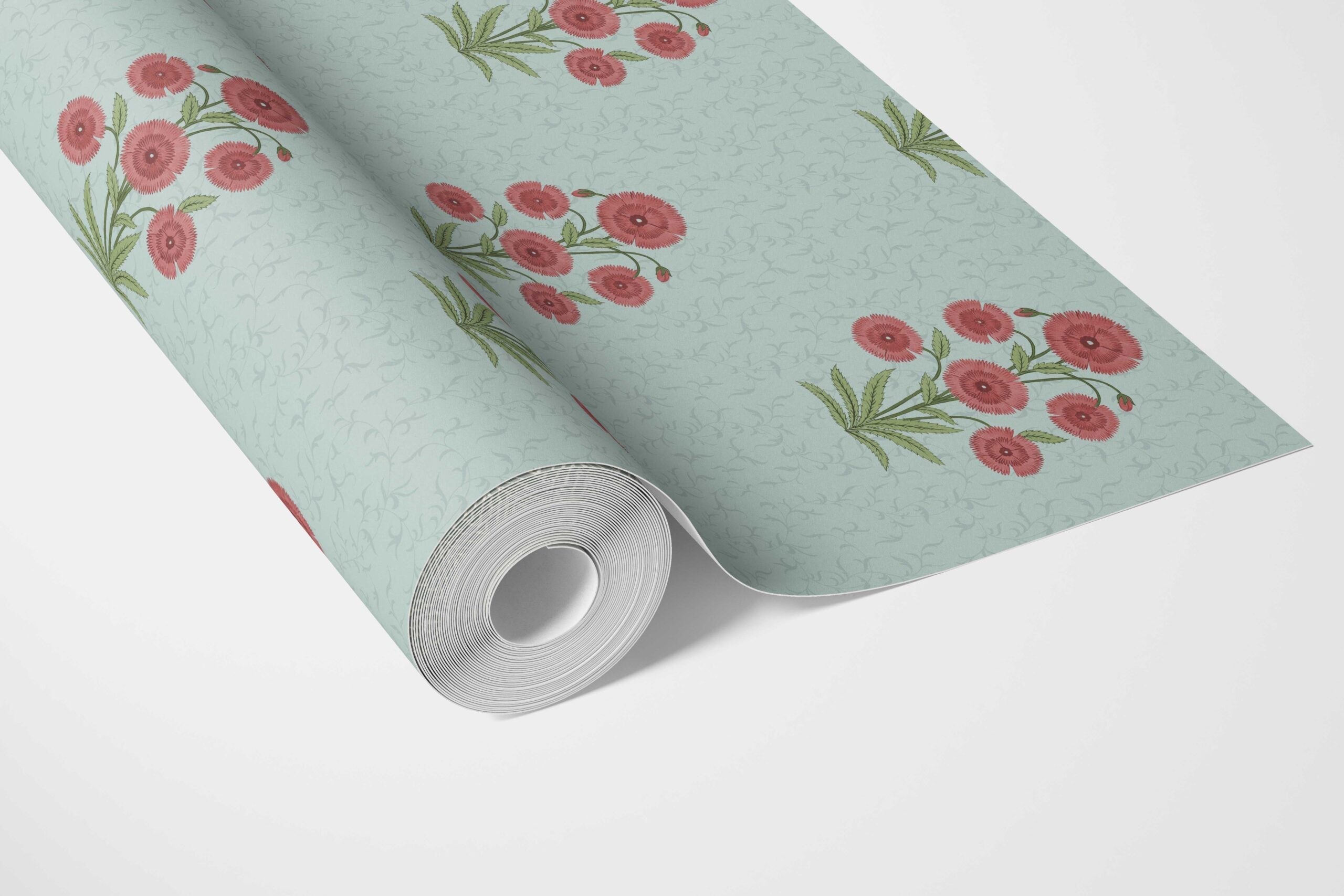 Botanical Floral Block Print Bathroom Wallpaper Sample (Blue/ Red-Pink/ Green)