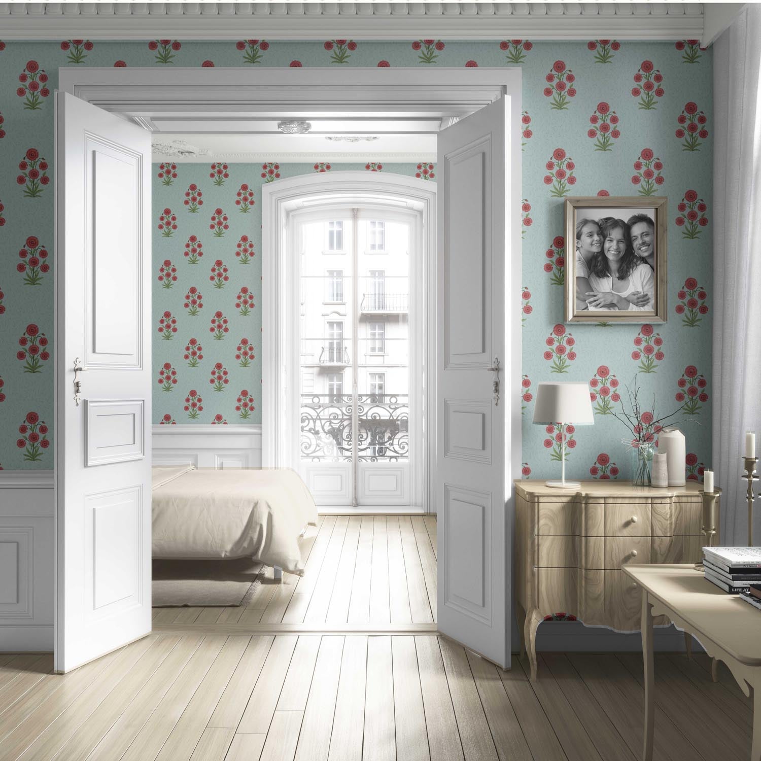 Botanical Floral Block Print Living Room Wallpaper Sample (Blue/ Red-Pink/ Green)