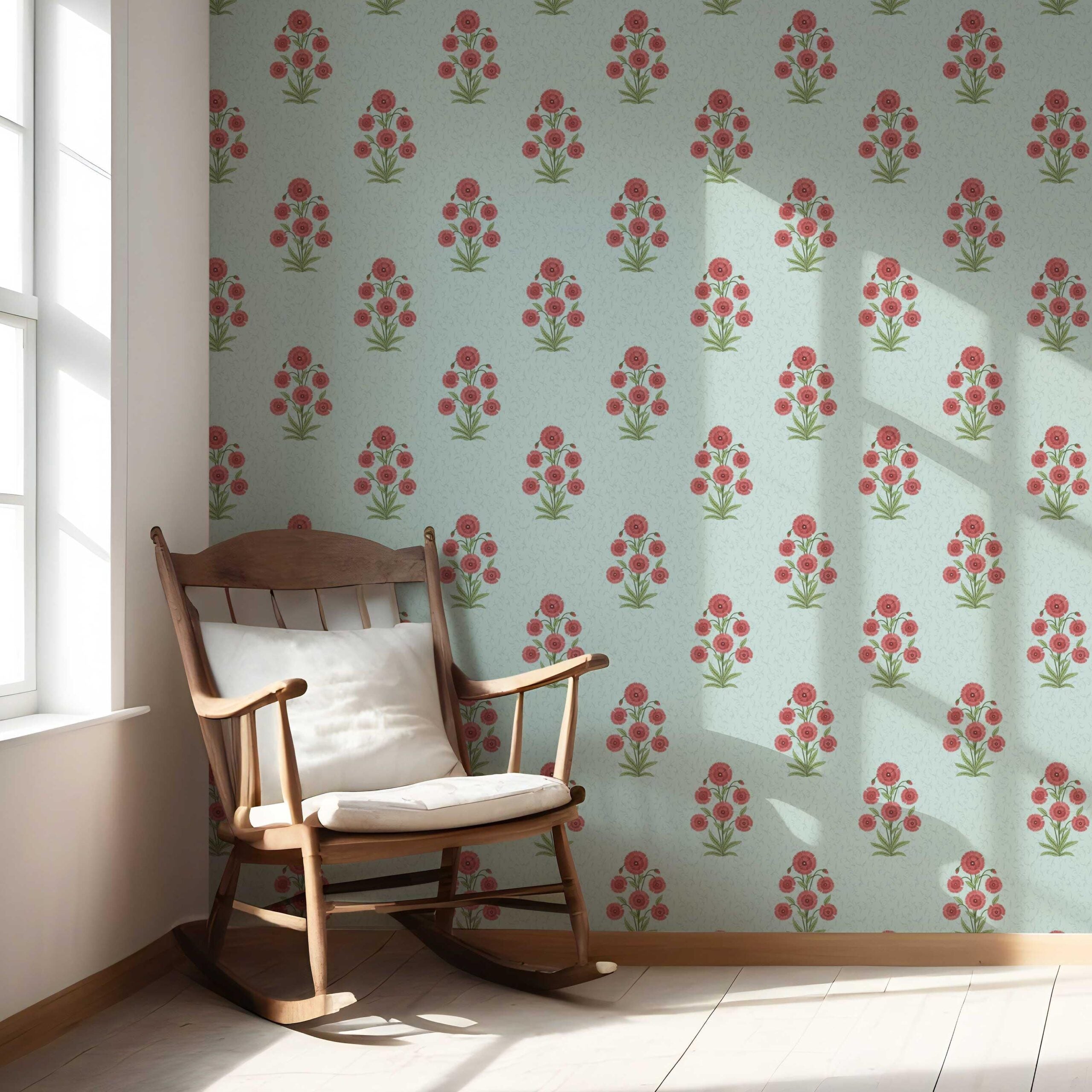 Botanical Floral Block Print Nursery Wallpaper Sample (Blue/ Red-Pink/ Green)