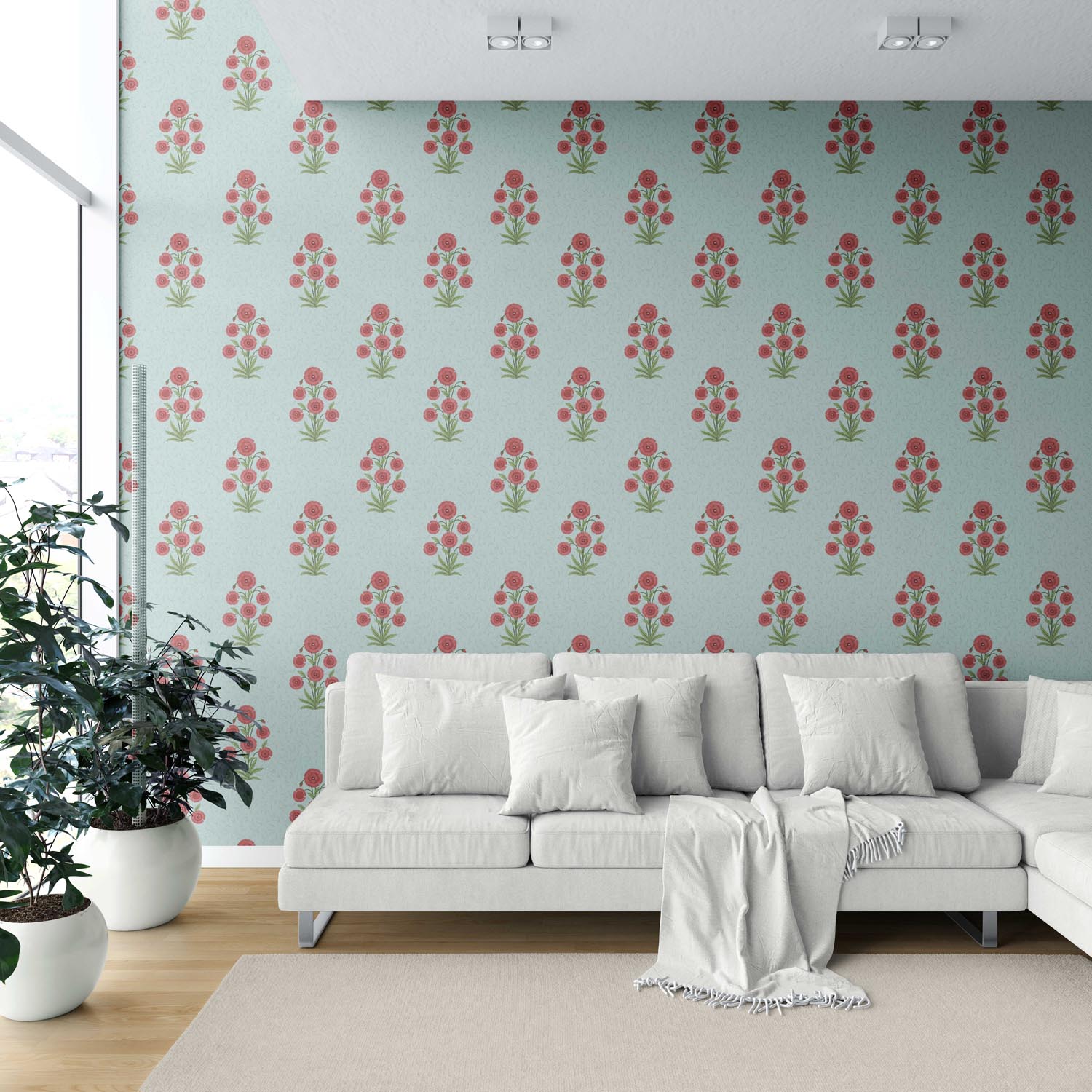 Botanical Floral Block Print Shower Toilet Wallpaper Sample (Blue/ Red-Pink/ Green)