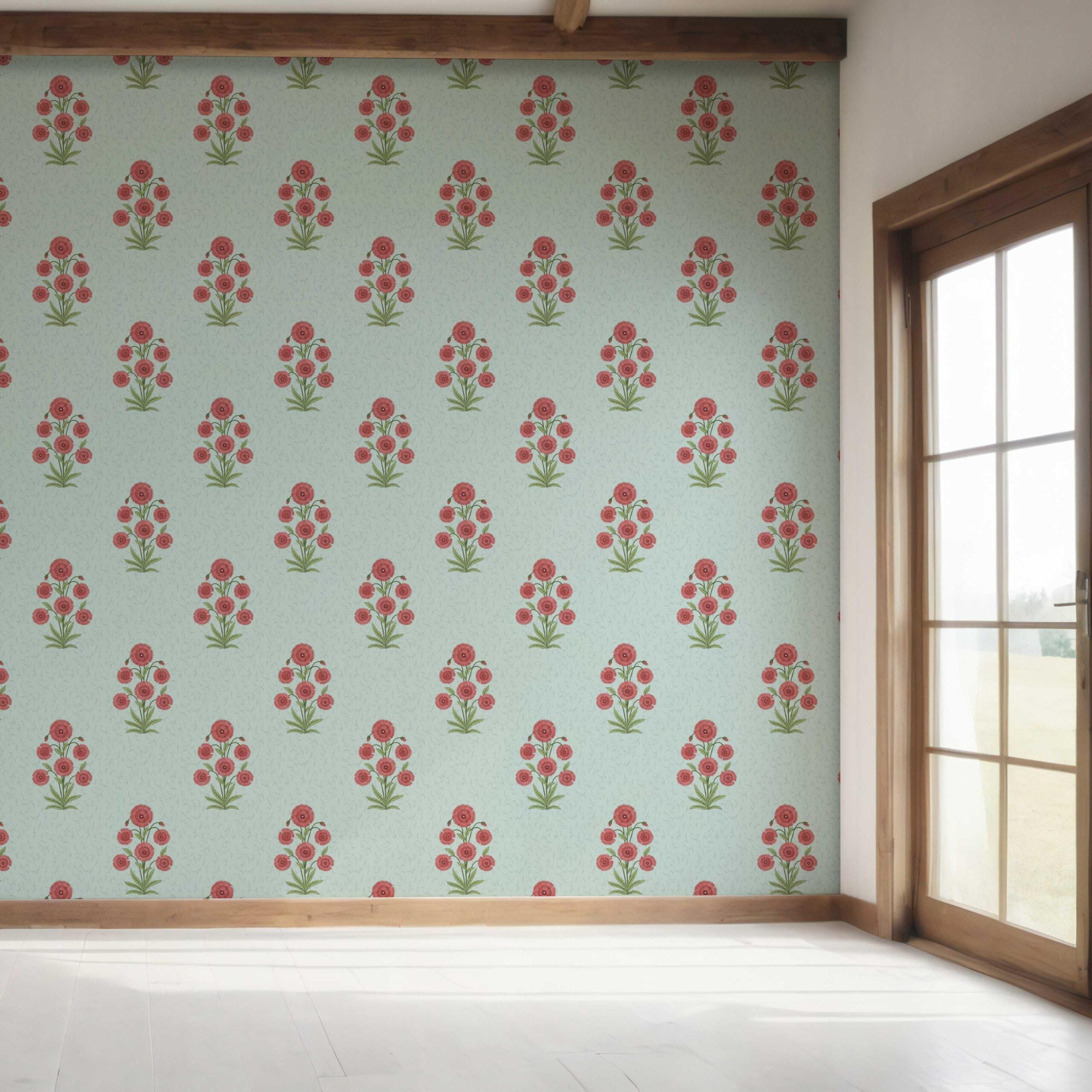 Botanical Floral Block Print Bedroom Wallpaper Sample (Blue/ Red-Pink/ Green)