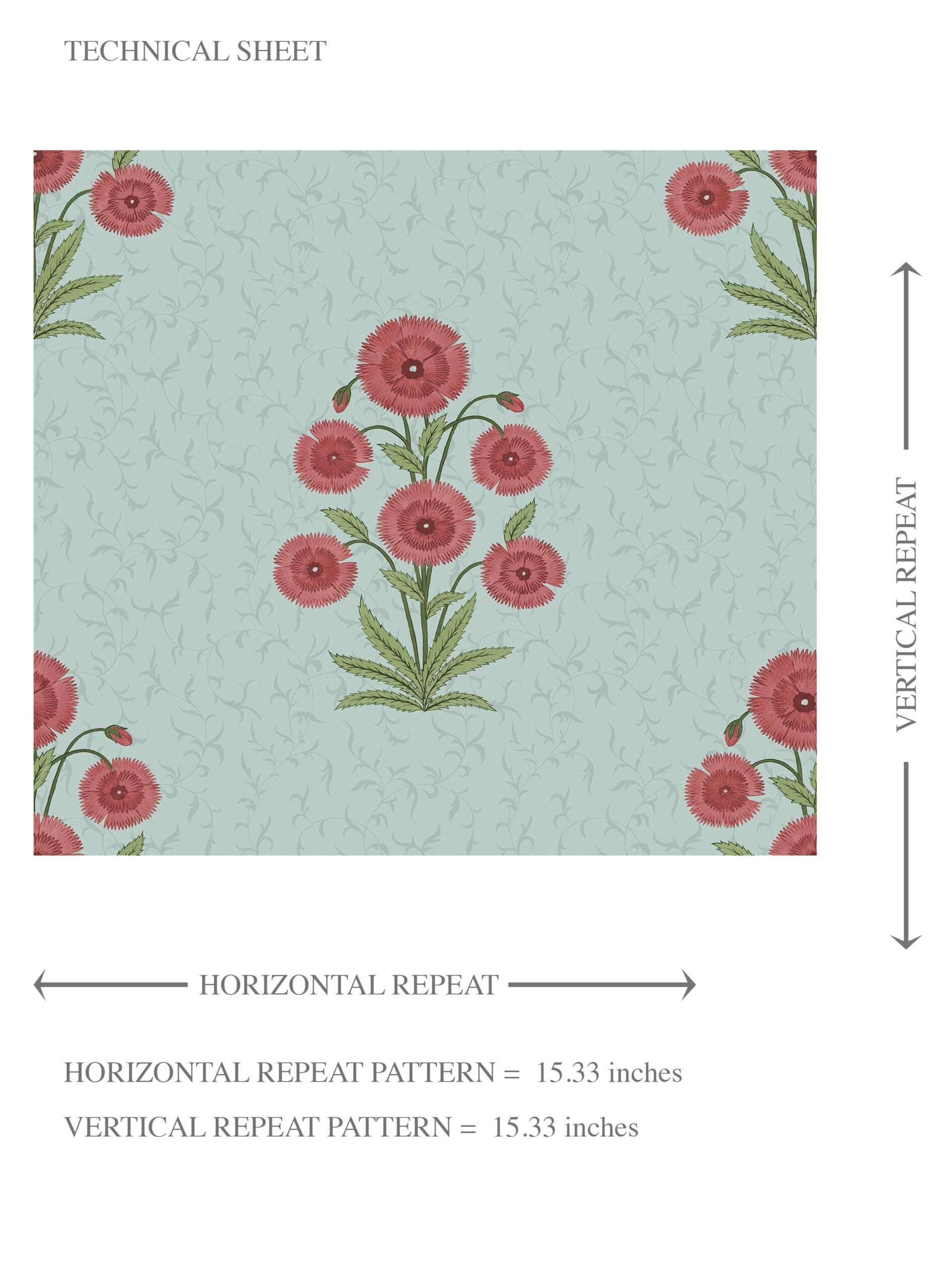 Botanical Floral Block Print Kids Room Wallpaper Sample (Blue/ Red-Pink/ Green)