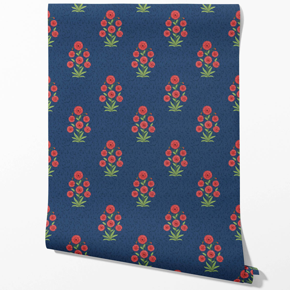 Botanical Floral Block Print Kitchen Wallpaper (Navy Blue/ Red/ Green)