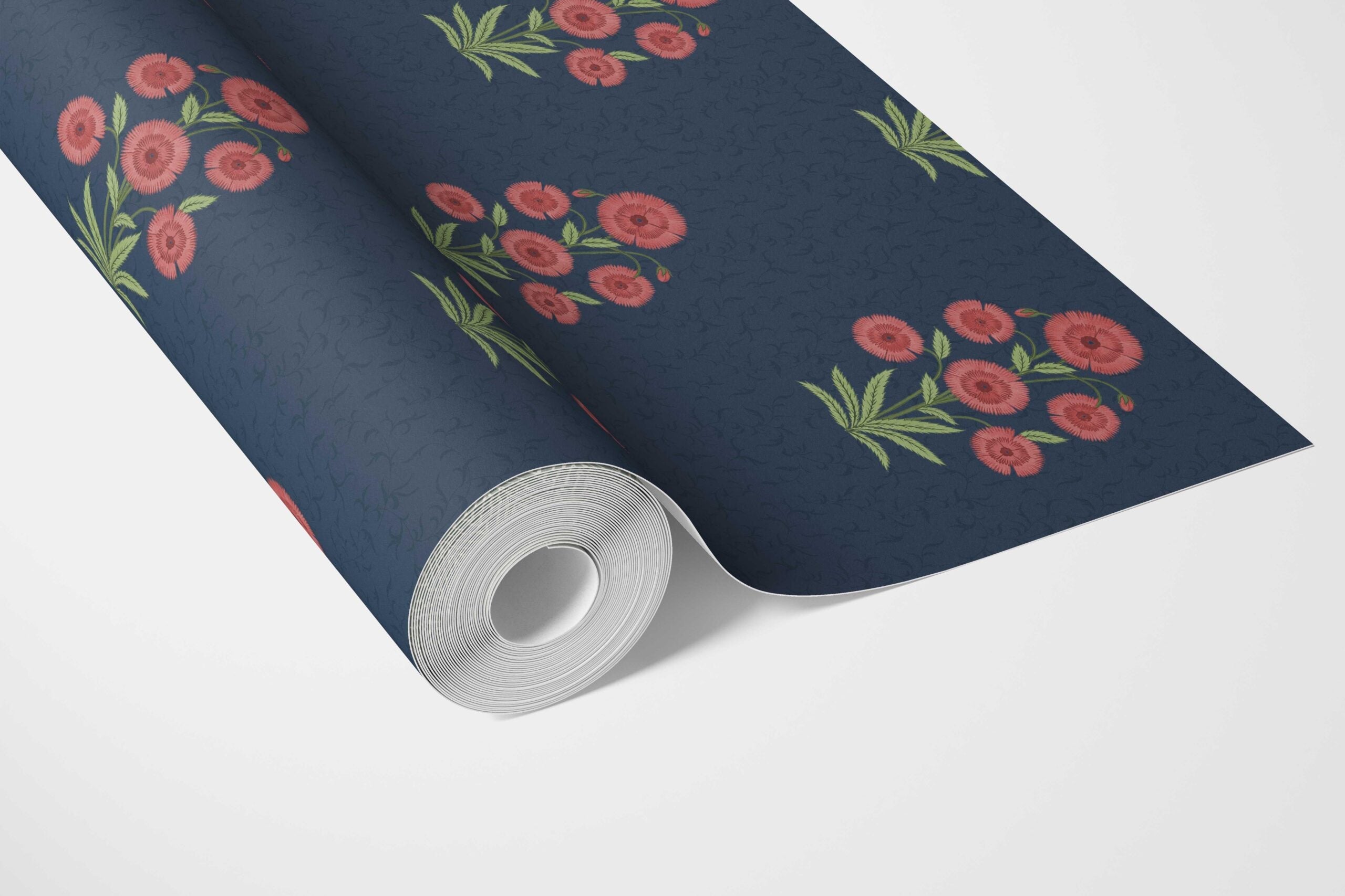 Botanical Floral Block Print Bathroom Wallpaper (Navy Blue/ Red/ Green)