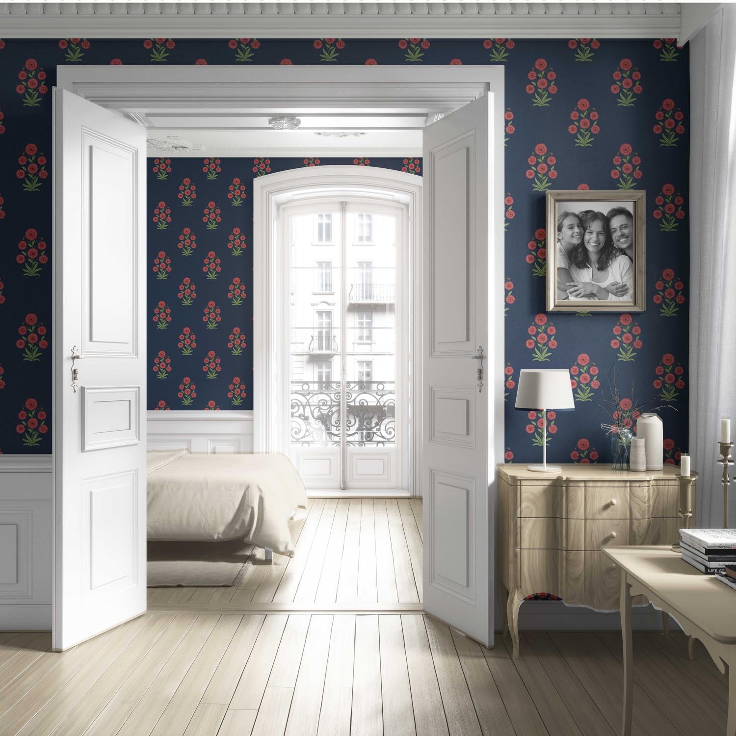 Botanical Floral Block Print Living Room Wallpaper (Navy Blue/ Red/ Green)