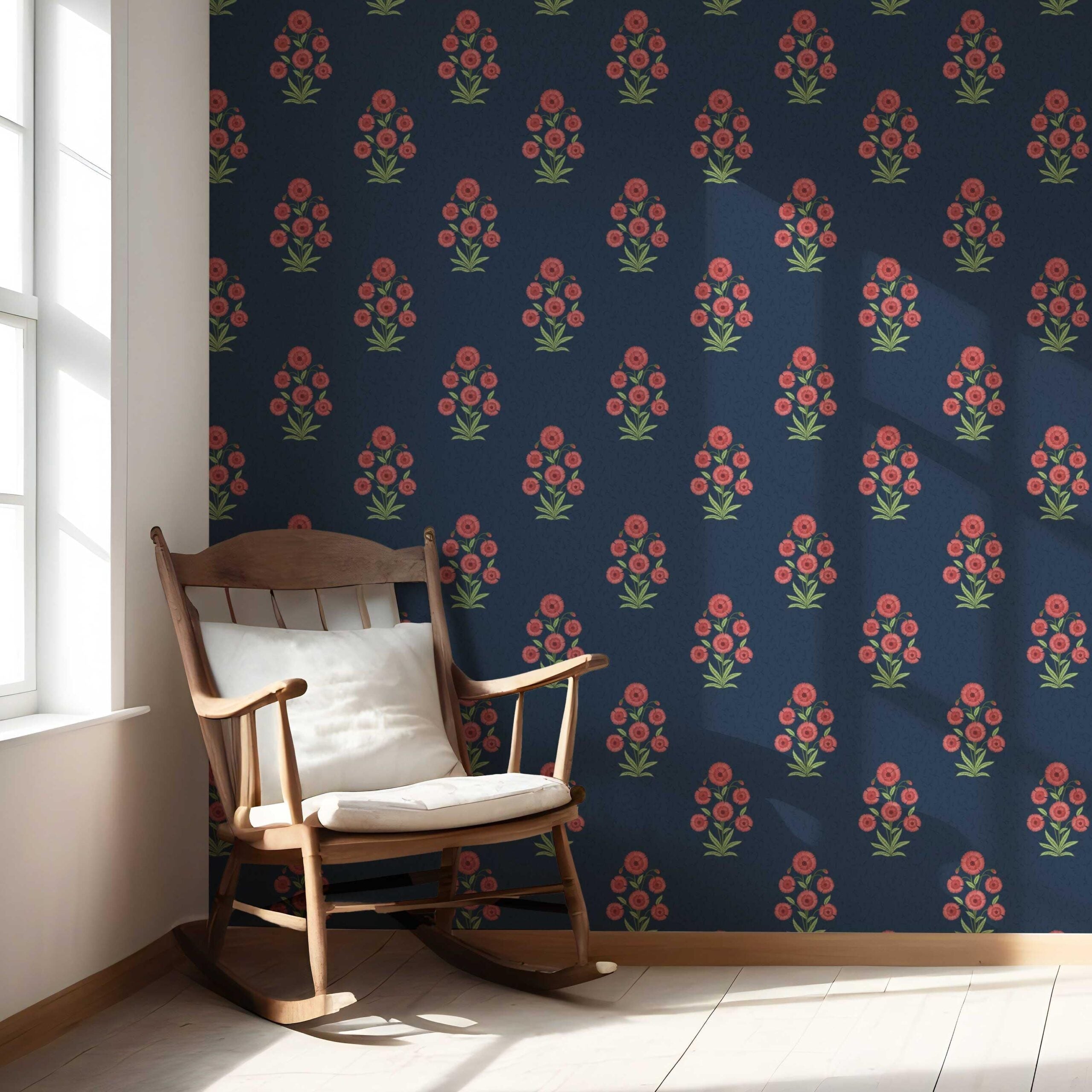 Botanical Floral Block Print Nursery Wallpaper (Navy Blue/ Red/ Green)