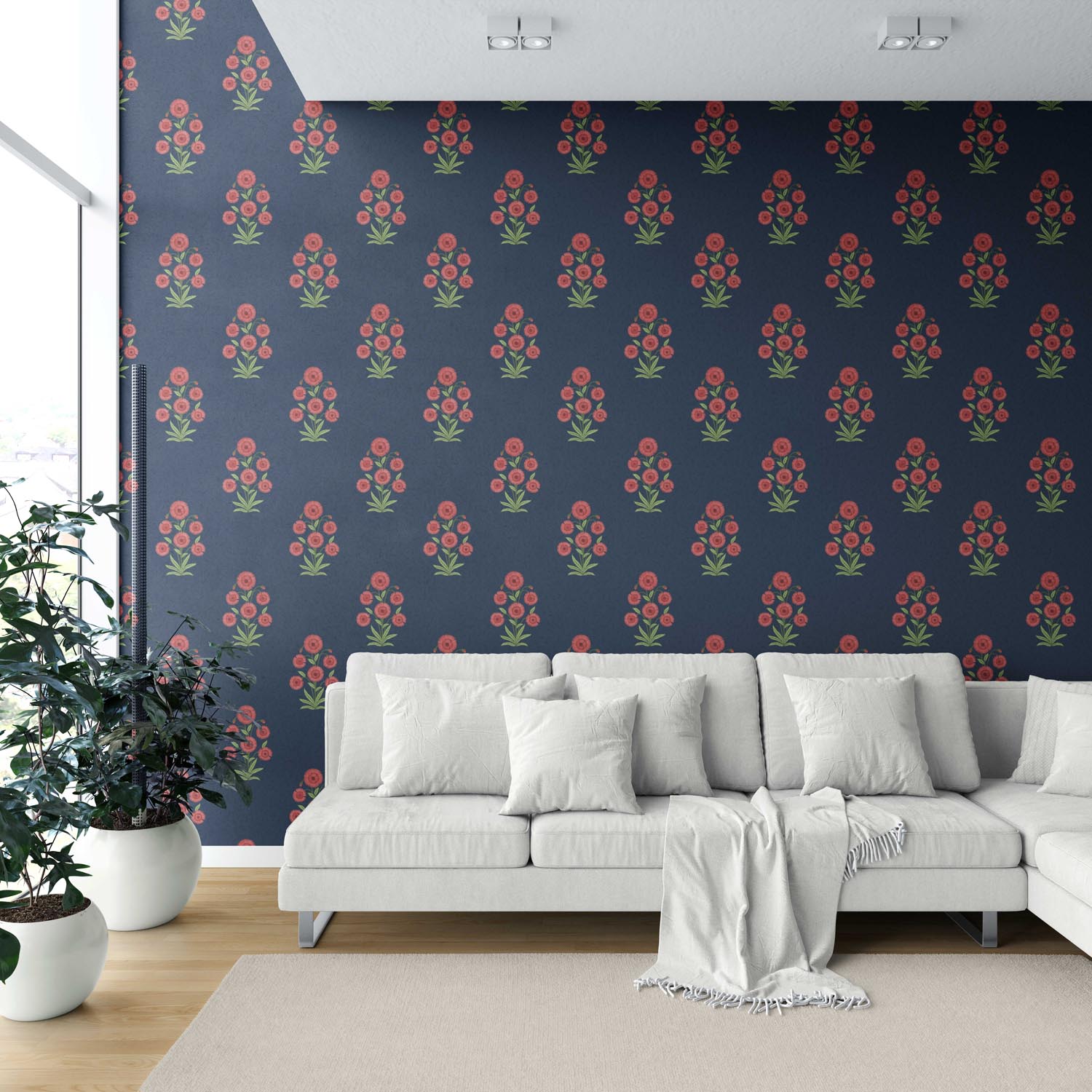 Botanical Floral Block Print Shower Toilet Wallpaper (Navy Blue/ Red/ Green)