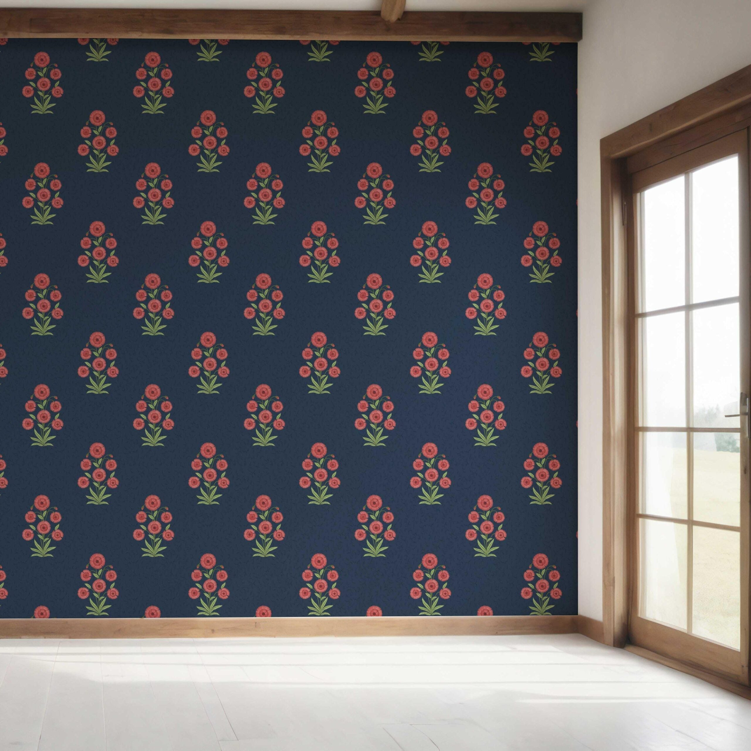 Botanical Floral Block Print Bedroom Wallpaper (Navy Blue/ Red/ Green)