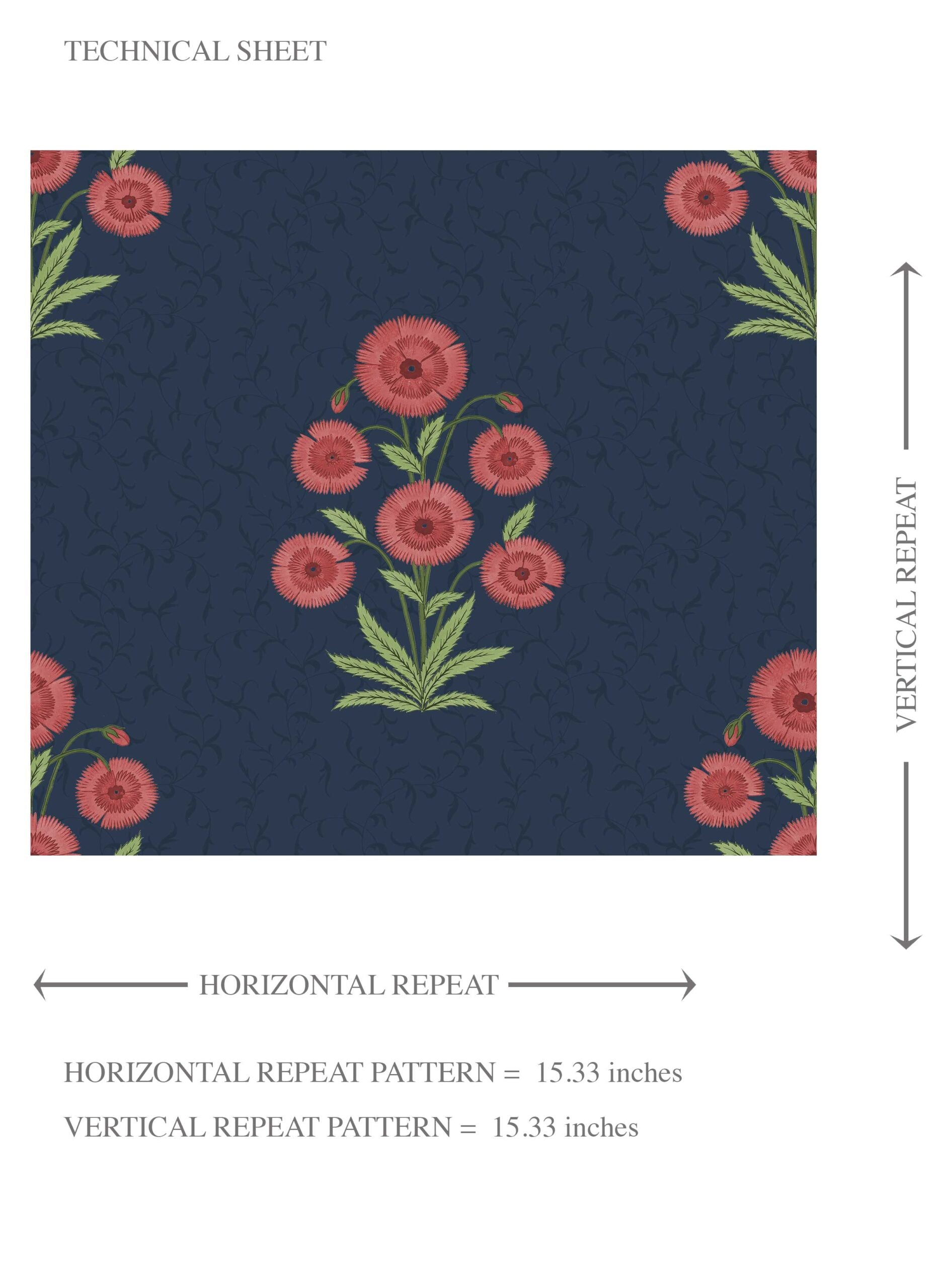 Botanical Floral Block Print Kids Room Wallpaper (Navy Blue/ Red/ Green)