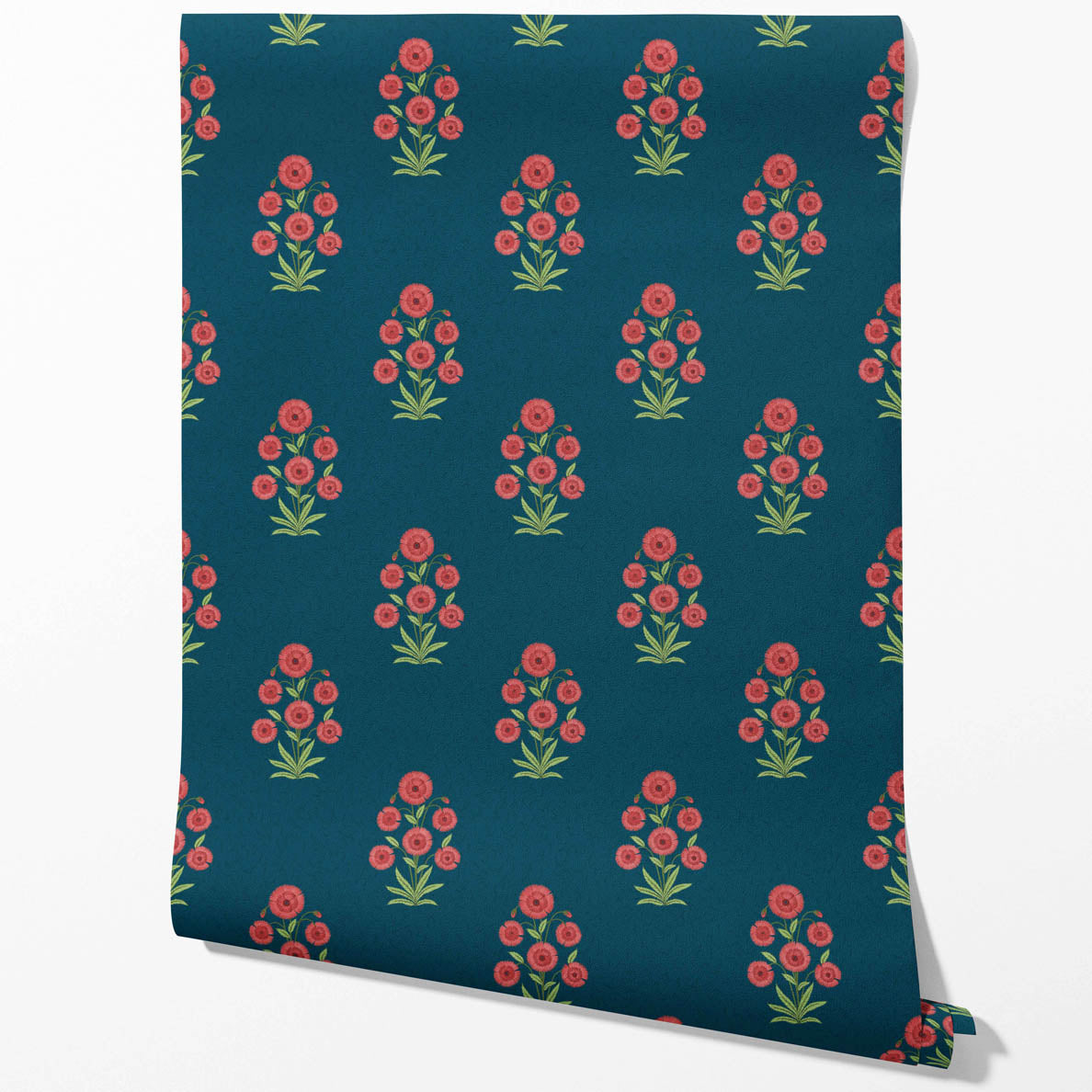 Botanical Floral Block Print Kitchen Wallpaper Sample (Teal Blue/ Red-Pink/ Green)