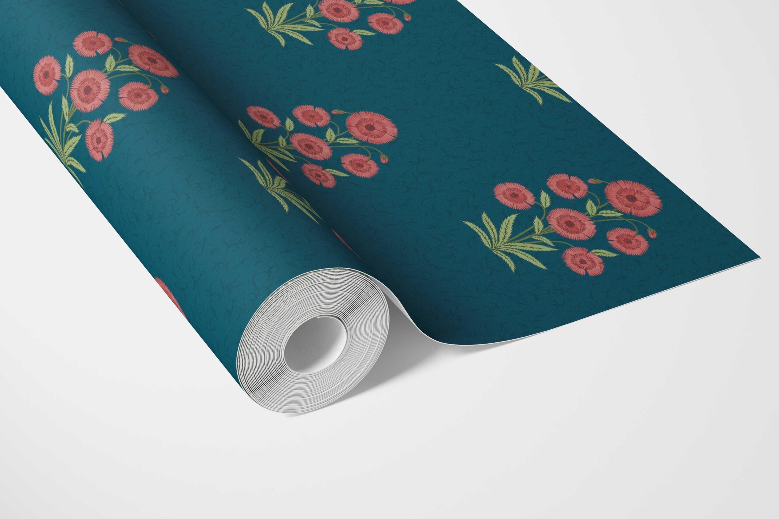 Botanical Floral Block Print Bathroom Wallpaper Sample (Teal Blue/ Red-Pink/ Green)