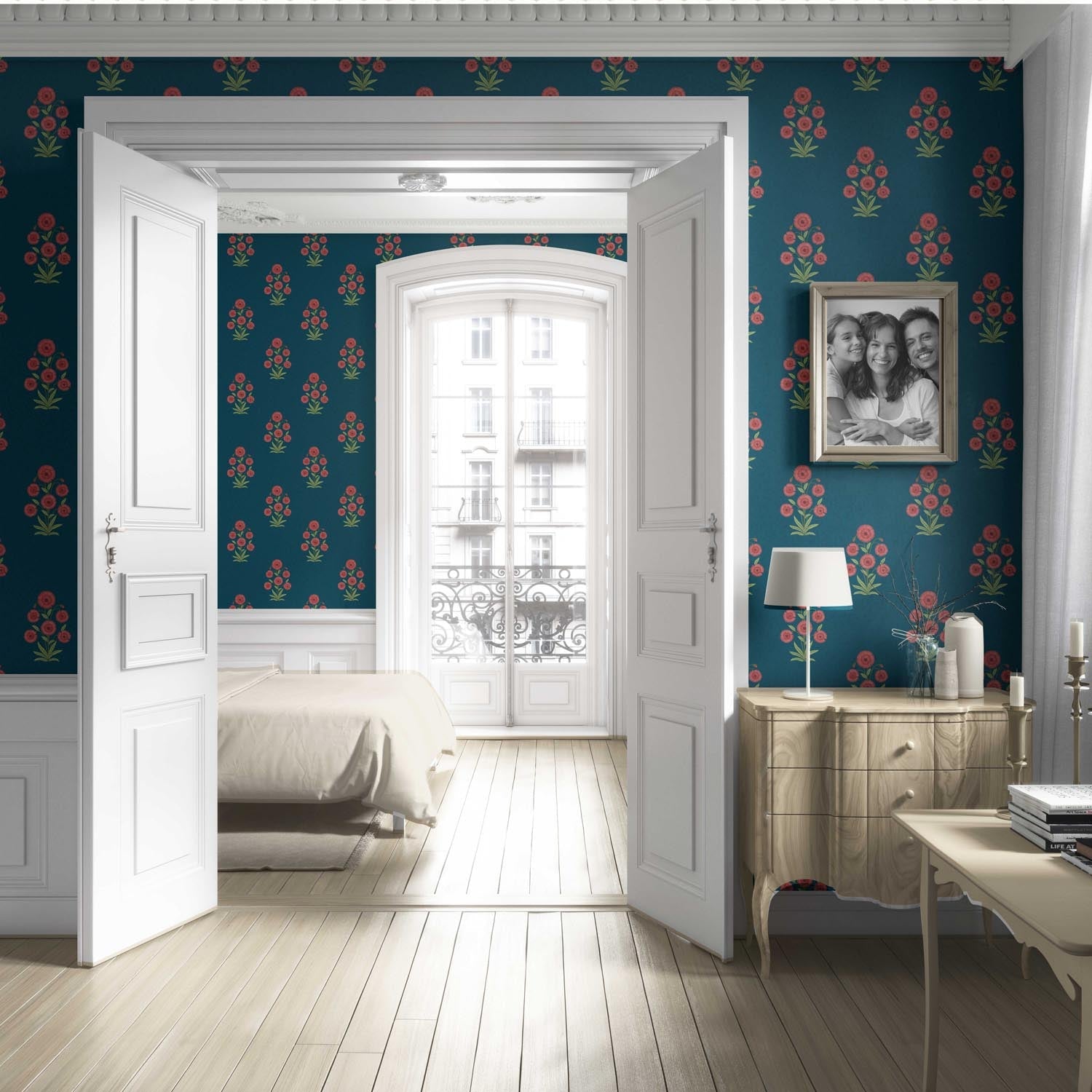 Botanical Floral Block Print Living Room Wallpaper Sample (Teal Blue/ Red-Pink/ Green)
