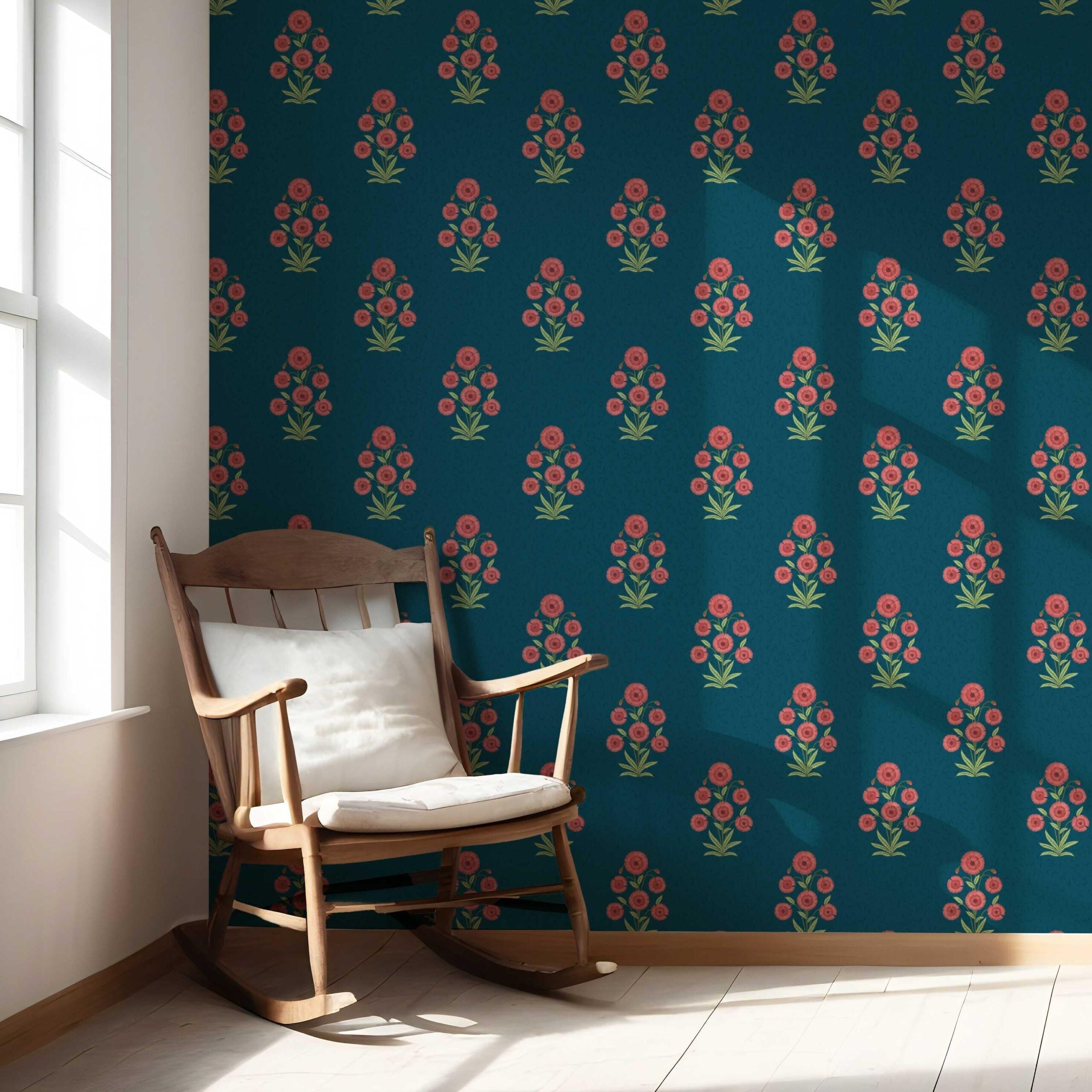 Botanical Floral Block Print Nursery Wallpaper Sample (Teal Blue/ Red-Pink/ Green)