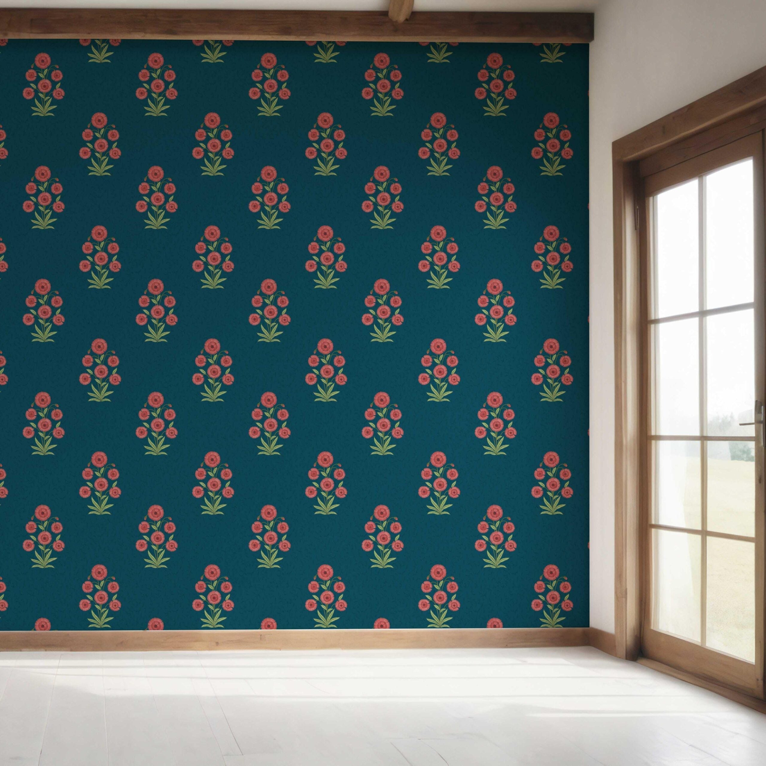 Botanical Floral Block Print Bedroom Wallpaper Sample (Teal Blue/ Red-Pink/ Green)