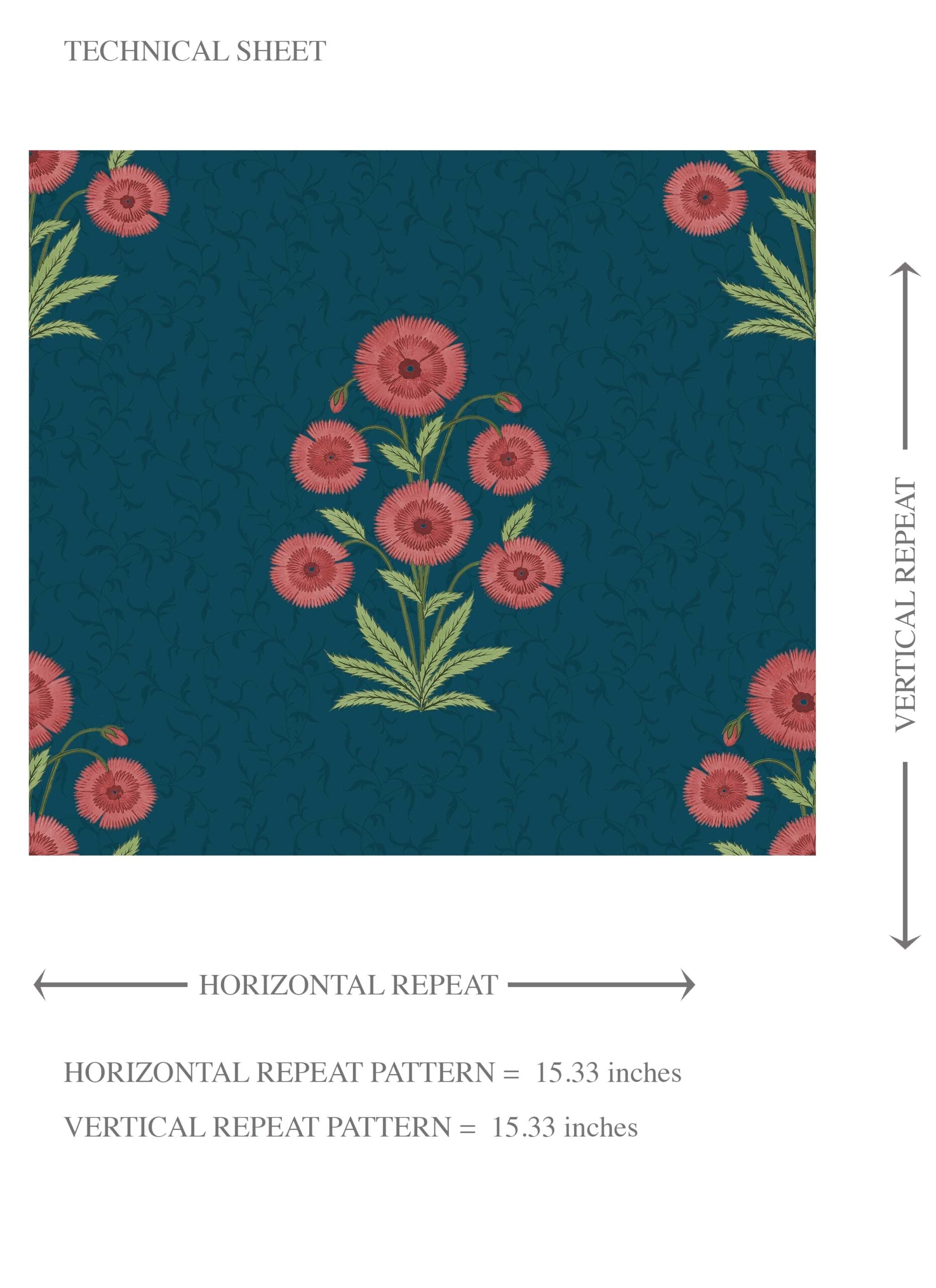 Botanical Floral Block Print Kids Room Wallpaper Sample (Teal Blue/ Red-Pink/ Green)