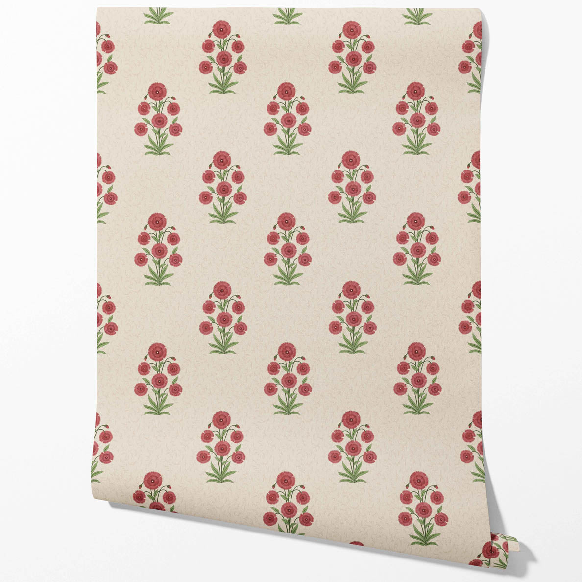 Botanical Floral Block Print Kitchen Wallpaper Sample (Red/ Beige/ Green)