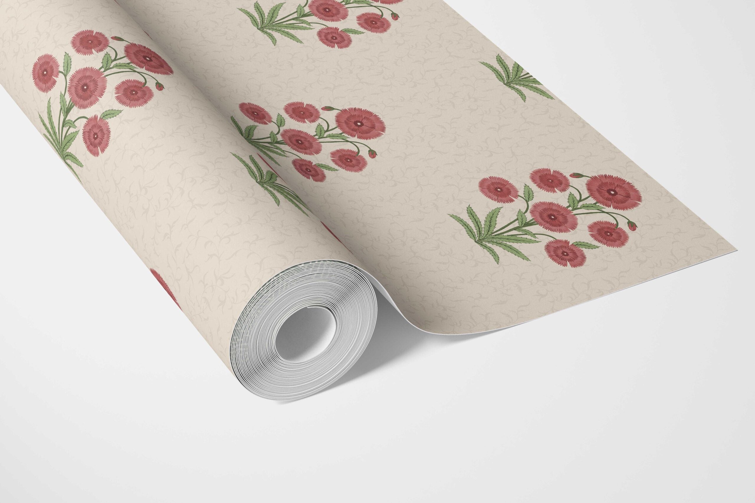 Botanical Floral Block Print Bathroom Wallpaper Sample (Red/ Beige/ Green)