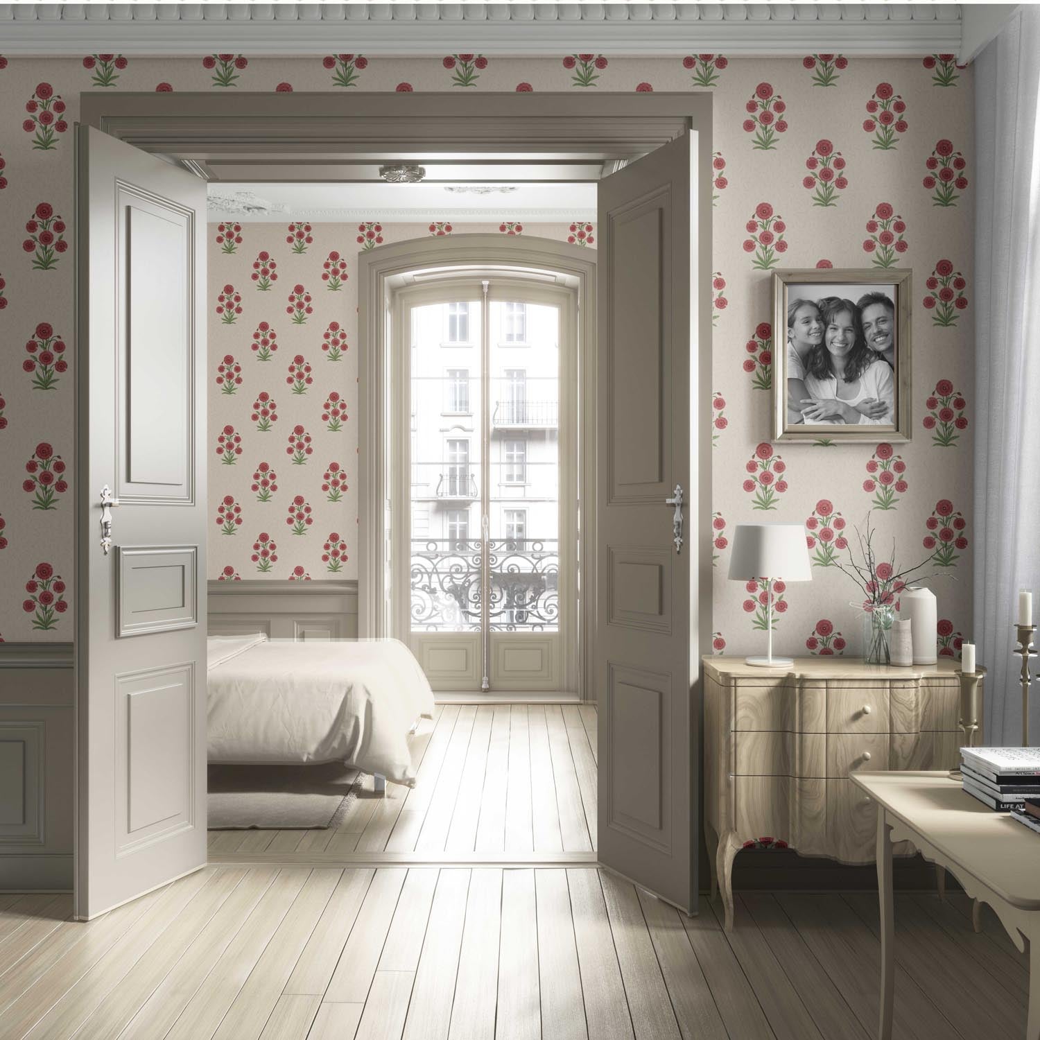 Botanical Floral Block Print Living Room Wallpaper Sample (Red/ Beige/ Green)
