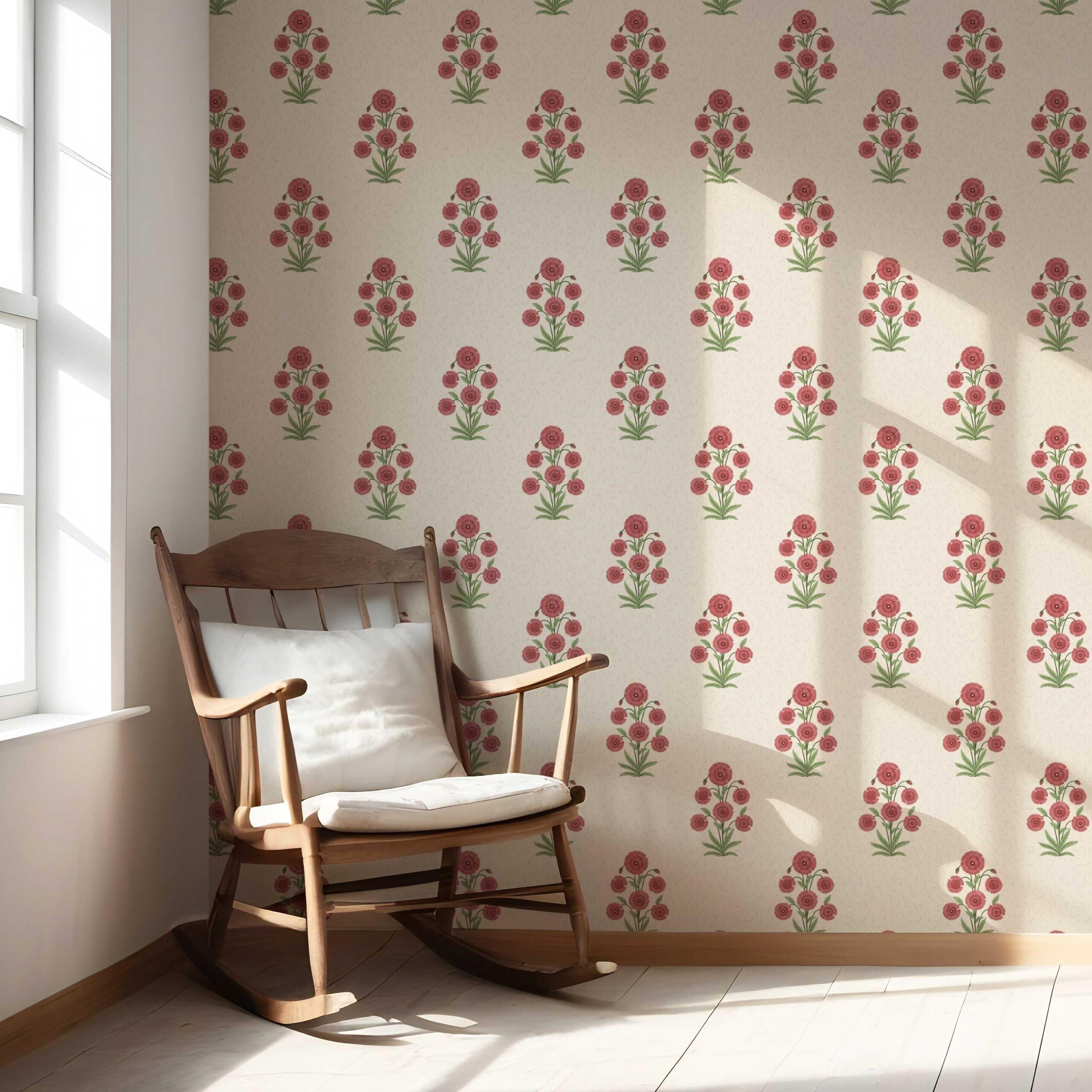 Botanical Floral Block Print Nursery Wallpaper Sample (Red/ Beige/ Green)