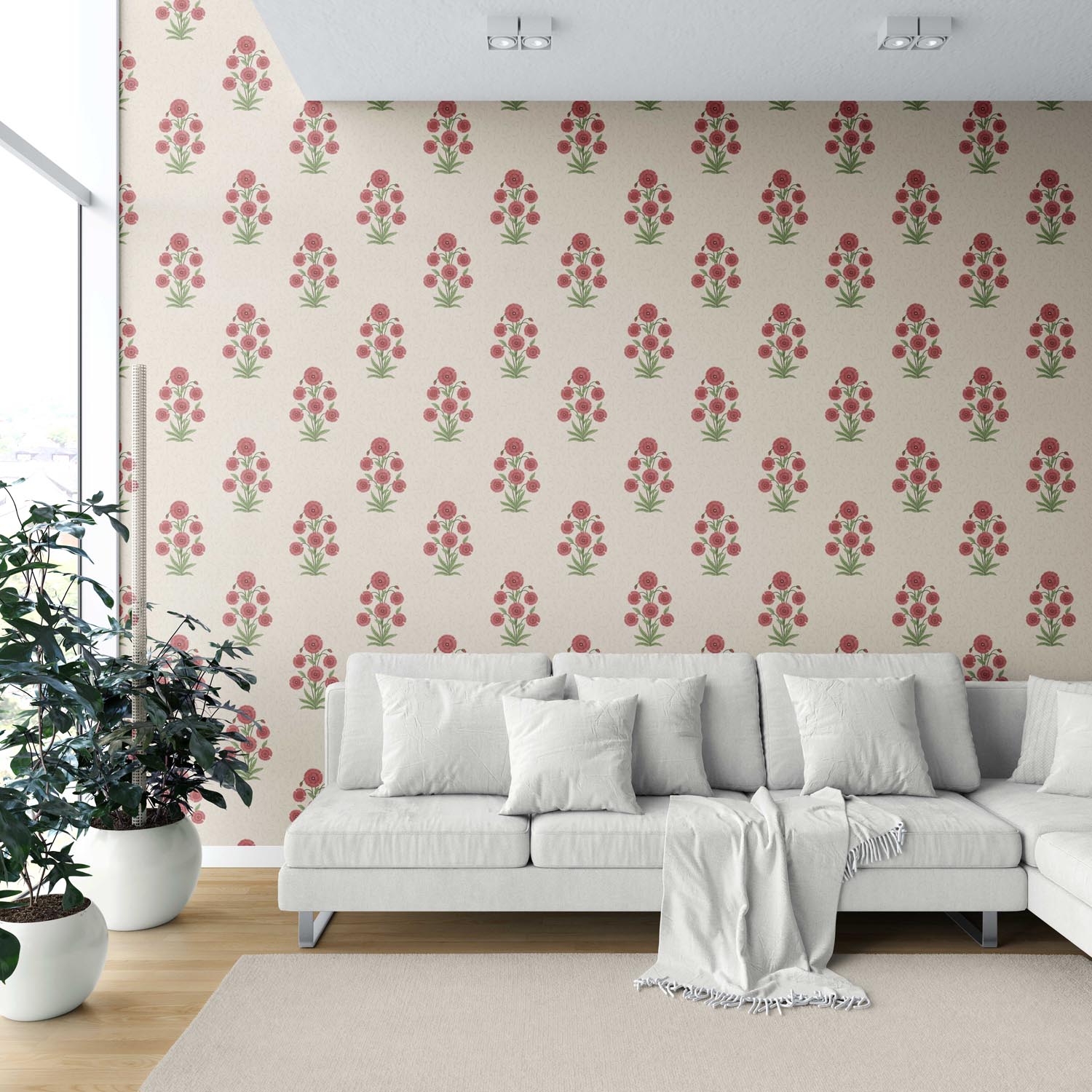 Botanical Floral Block Print Shower Toilet Wallpaper Sample (Red/ Beige/ Green)