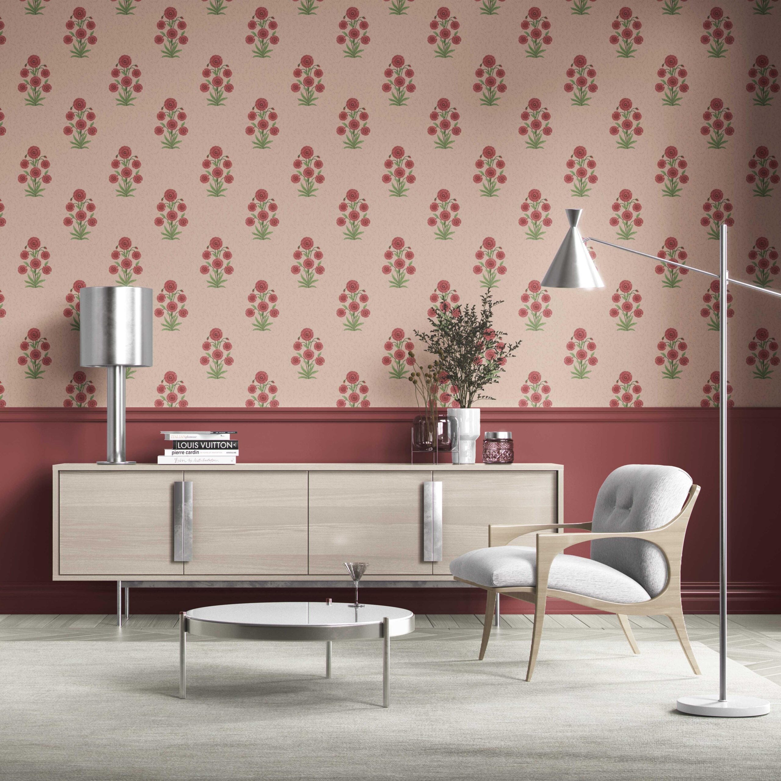 Botanical Floral Block Print Traditional Wallpaper Sample (Pink/ Red/ Green)
