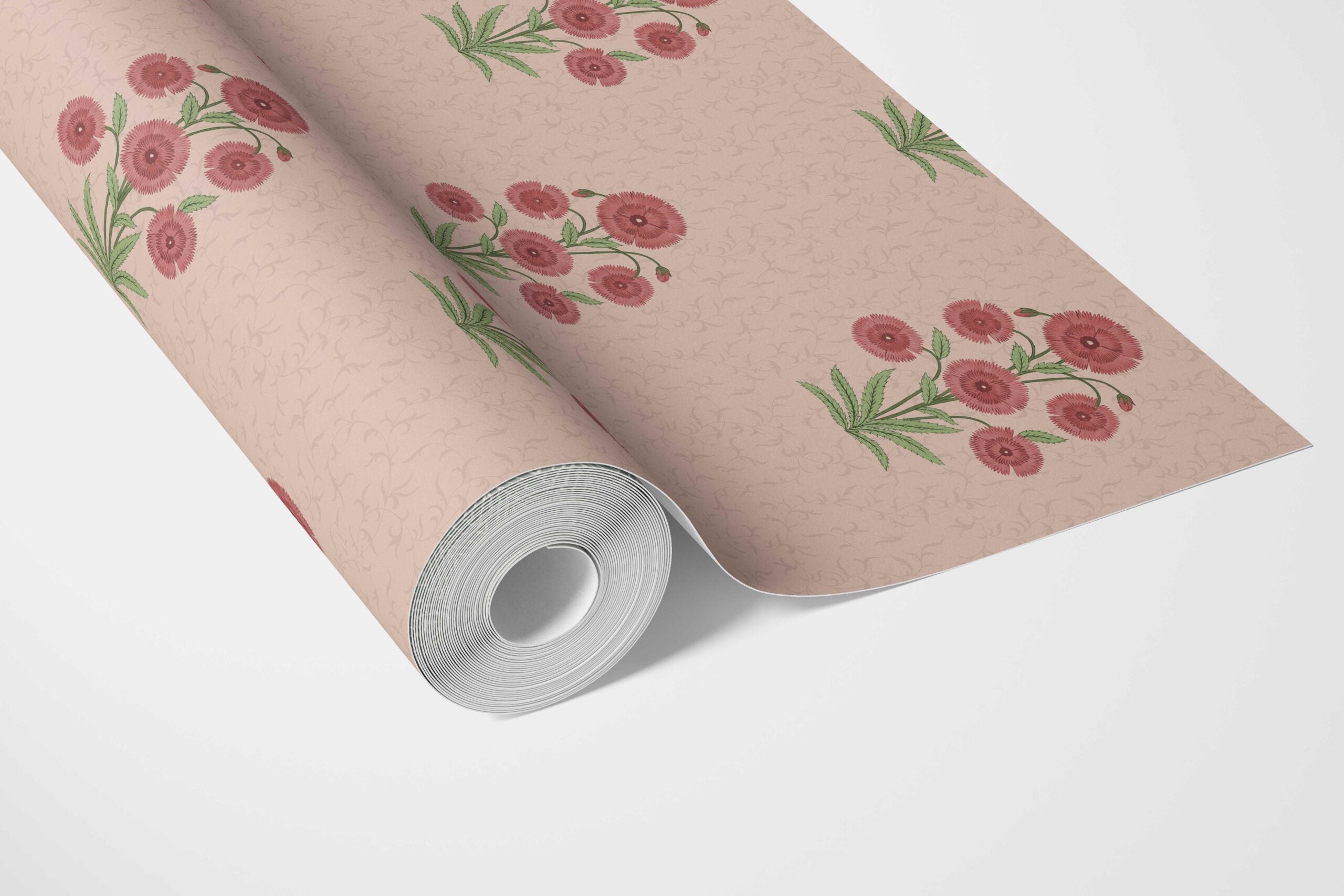 Botanical Floral Block Print Bathroom Wallpaper Sample (Pink/ Red/ Green)