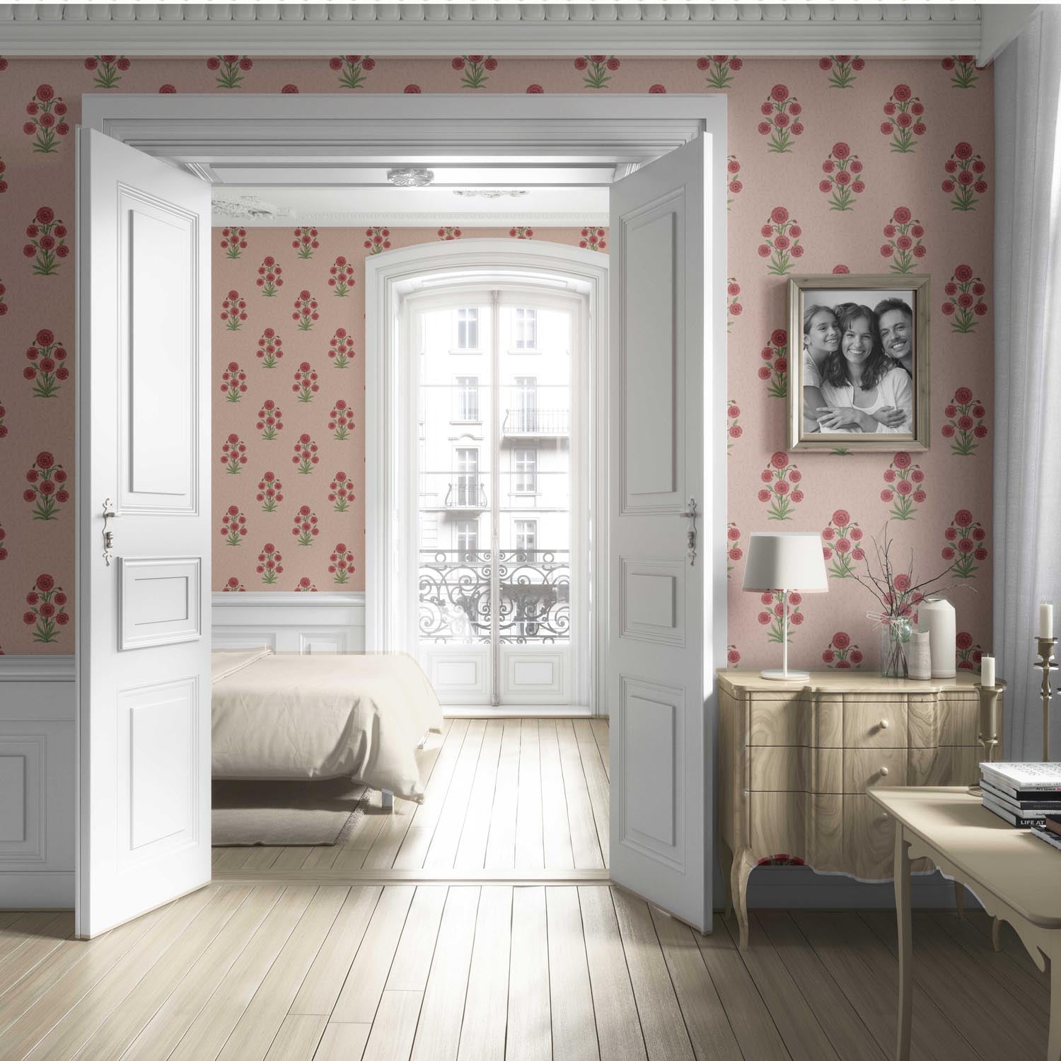 Botanical Floral Block Print Living Room Wallpaper Sample (Pink/ Red/ Green)