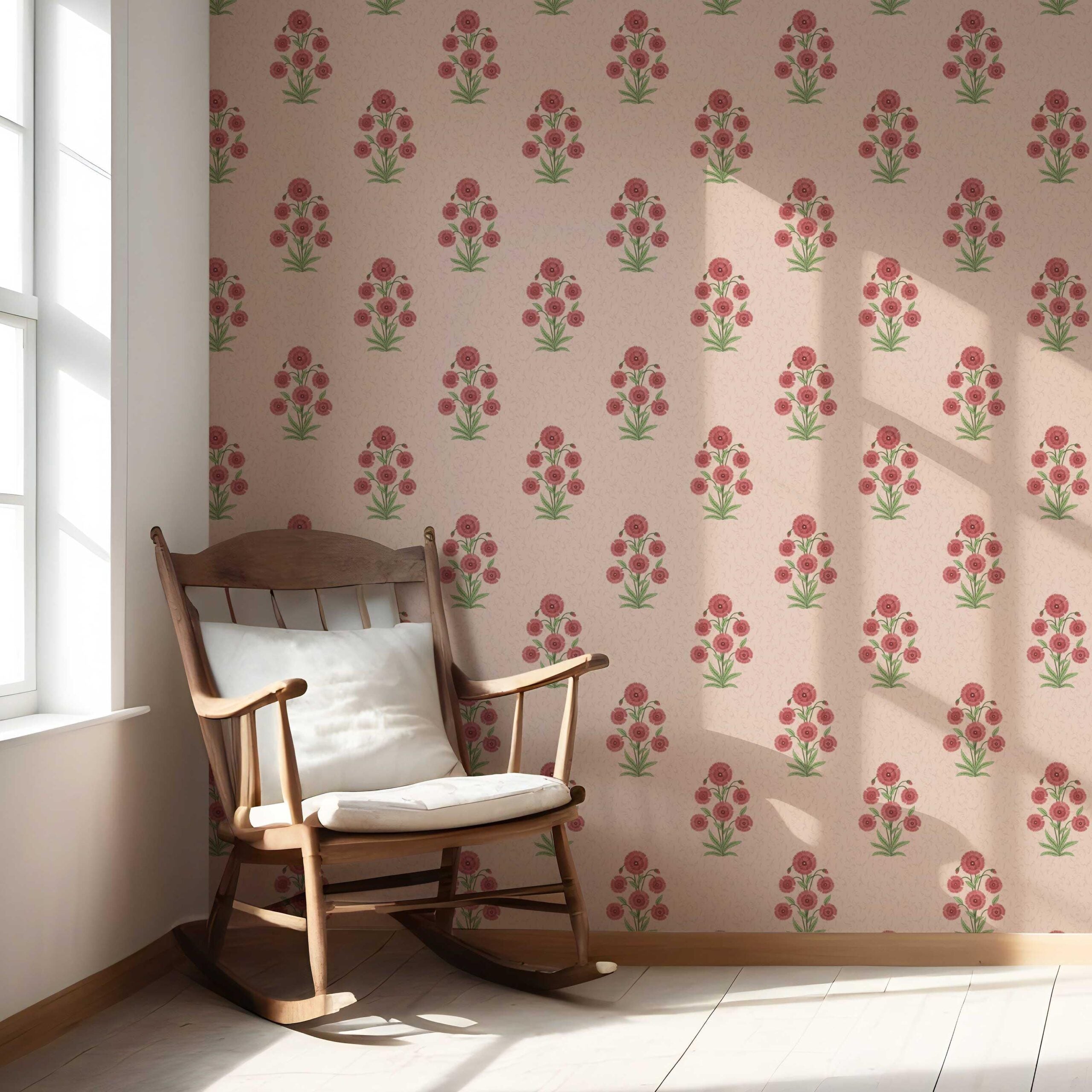 Botanical Floral Block Print Nursery Wallpaper Sample (Pink/ Red/ Green)