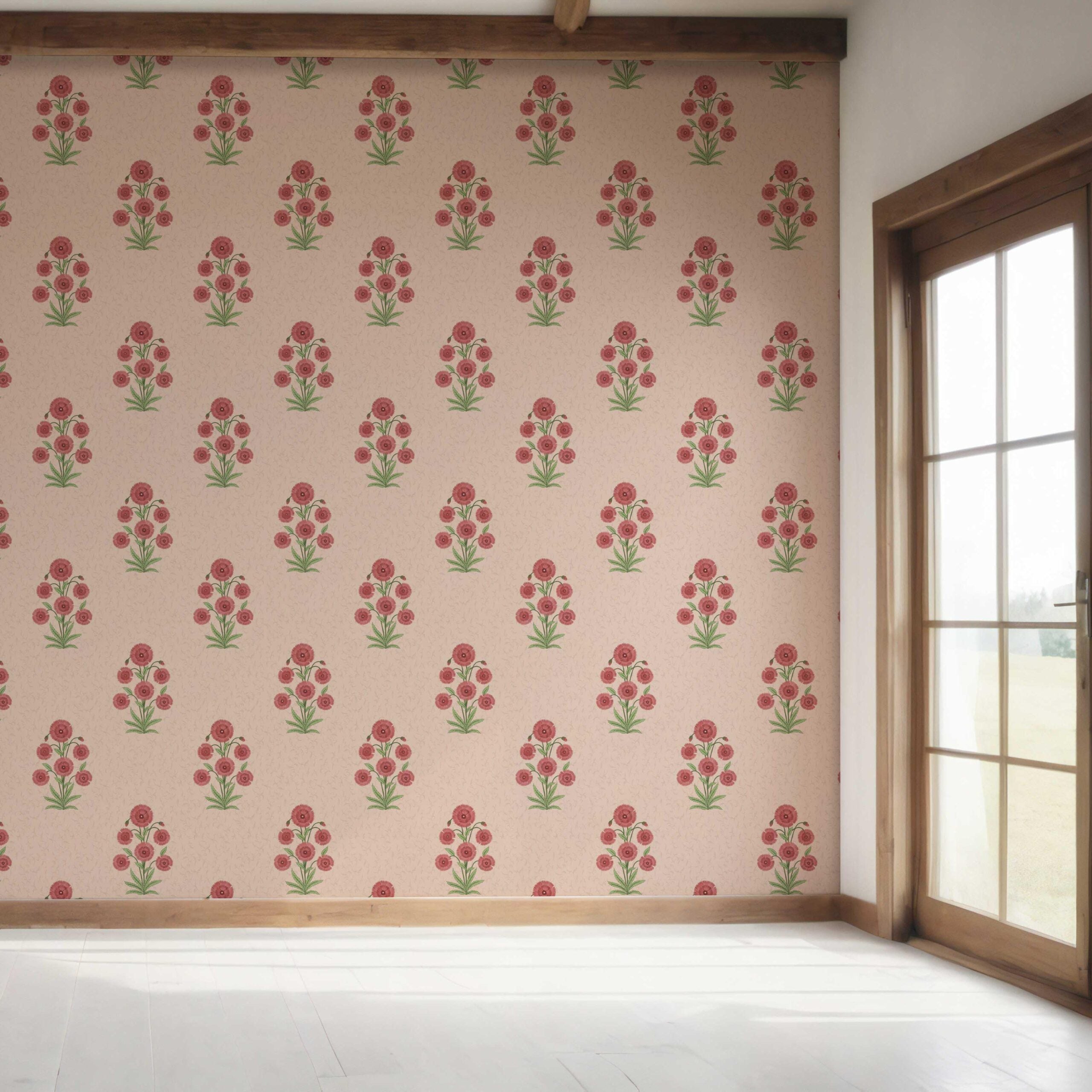 Botanical Floral Block Print Bedroom Wallpaper Sample (Pink/ Red/ Green)