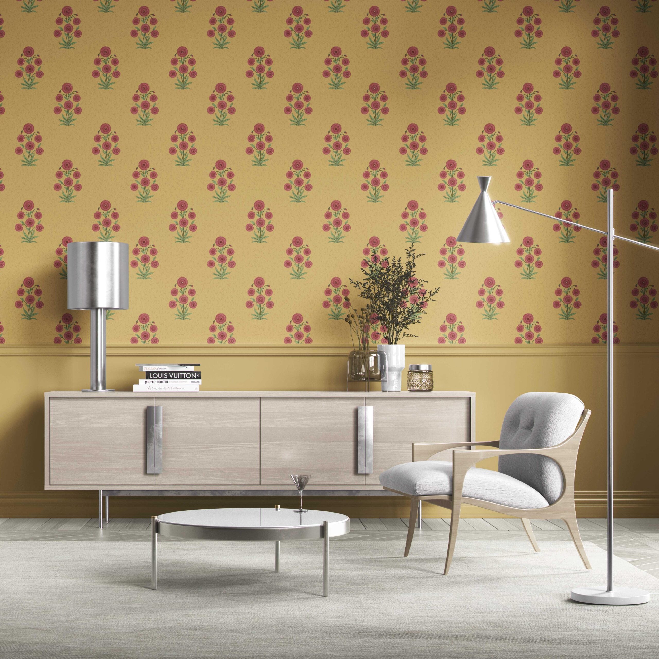 Botanical Floral Block Print Traditional Wallpaper Sample (Yellow/ Red-Pink/ Green)