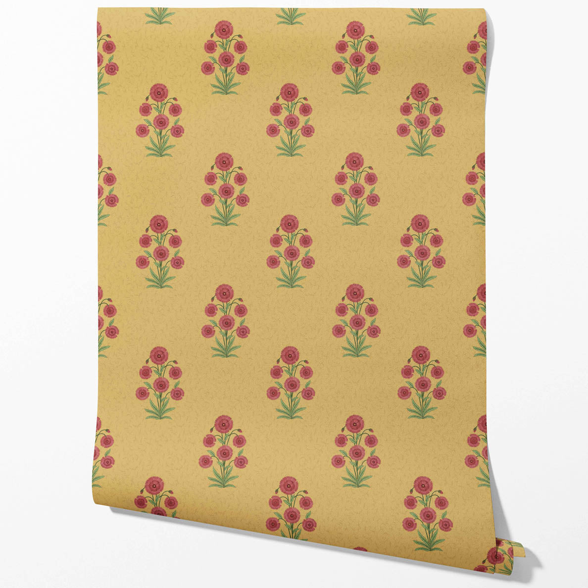 Botanical Floral Block Print Kitchen Wallpaper Sample (Yellow/ Red-Pink/ Green)