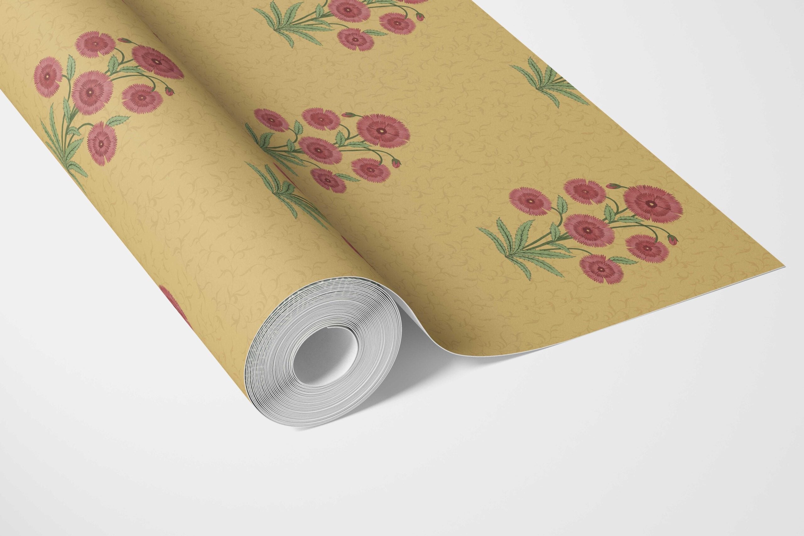Botanical Floral Block Print Bathroom Wallpaper Sample (Yellow/ Red-Pink/ Green)