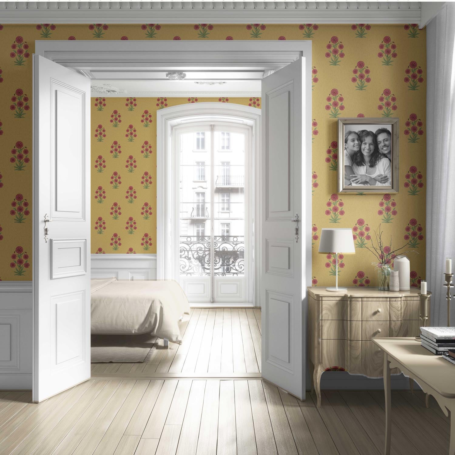 Botanical Floral Block Print Living Room Wallpaper Sample (Yellow/ Red-Pink/ Green)